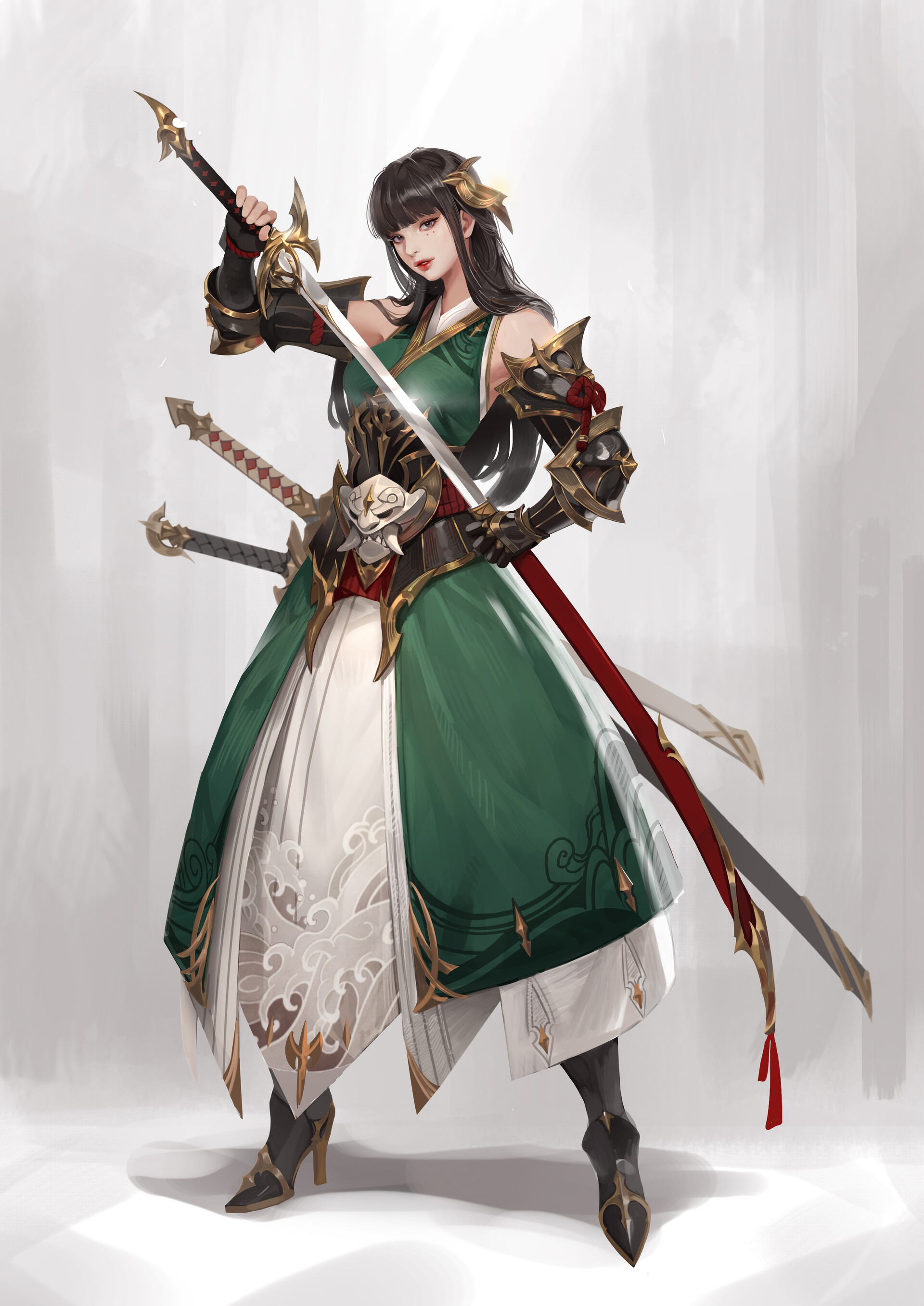 Junq Jeon Drawing Women Bangs Dark Hair Samurai Weapon Katana Sheath Dress Green Clothing Shadow Hai 1920x2713
