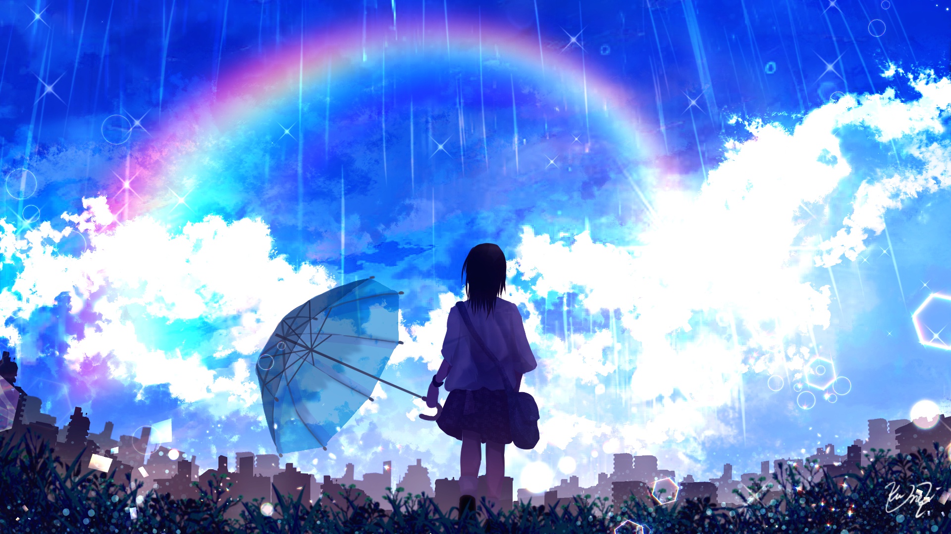 Girl Rain Rainbow Schoolgirl Sky 1920x1080