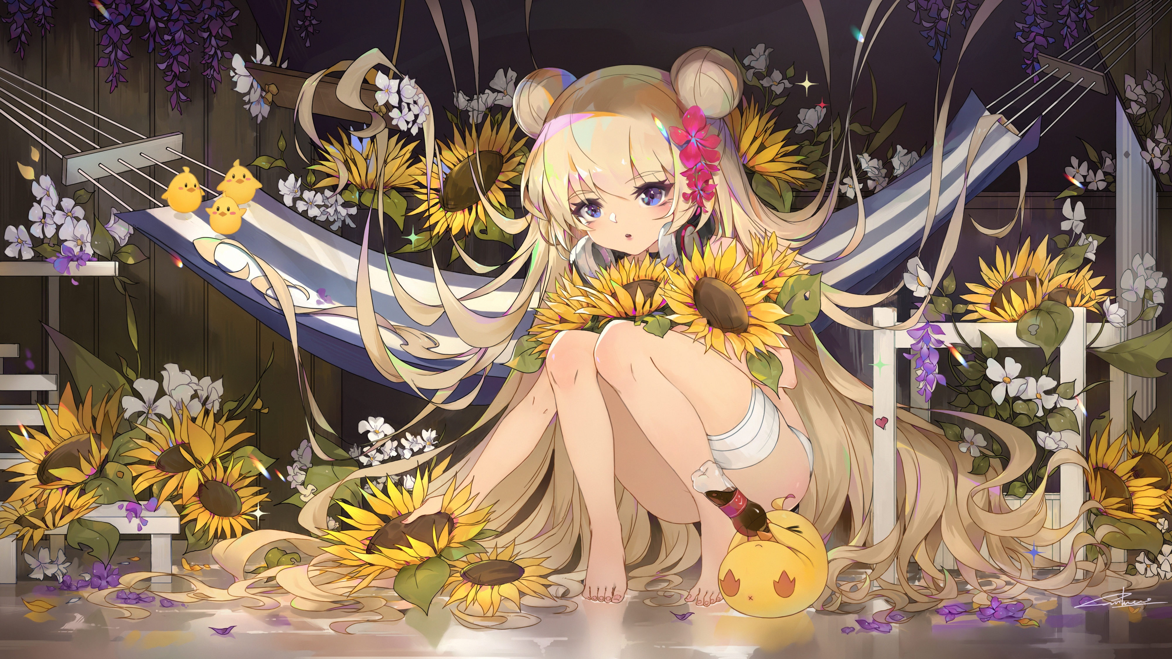 Anime Anime Girls Yellow Hair Blue Eyes Headphones Hammocks Flowers Sunflowers Blonde Twintails Azur 4000x2250
