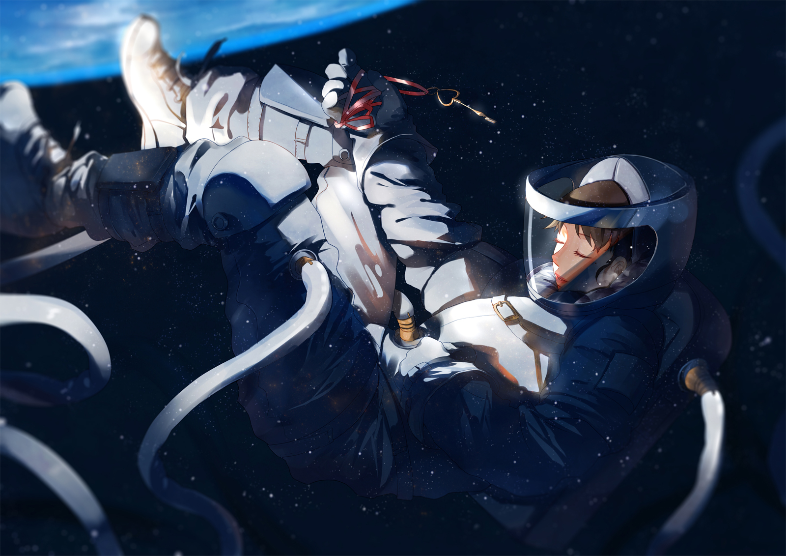 Anime Anime Girls Space Suit Space Ribbons Keychain Planet Closed Eyes Brunette Short Hair Stars 1600x1131