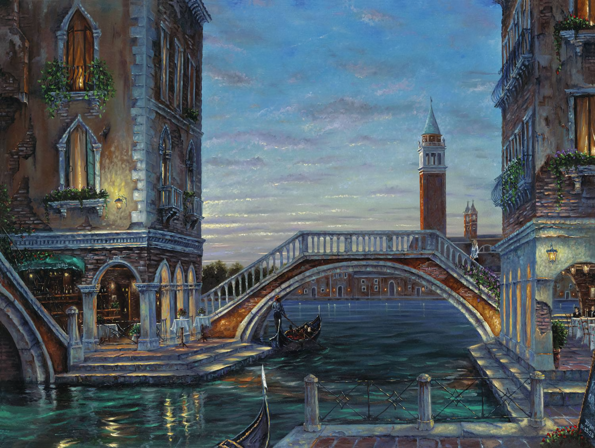 Artistic Boat Bridge Building Canal Painting Venice 1920x1446