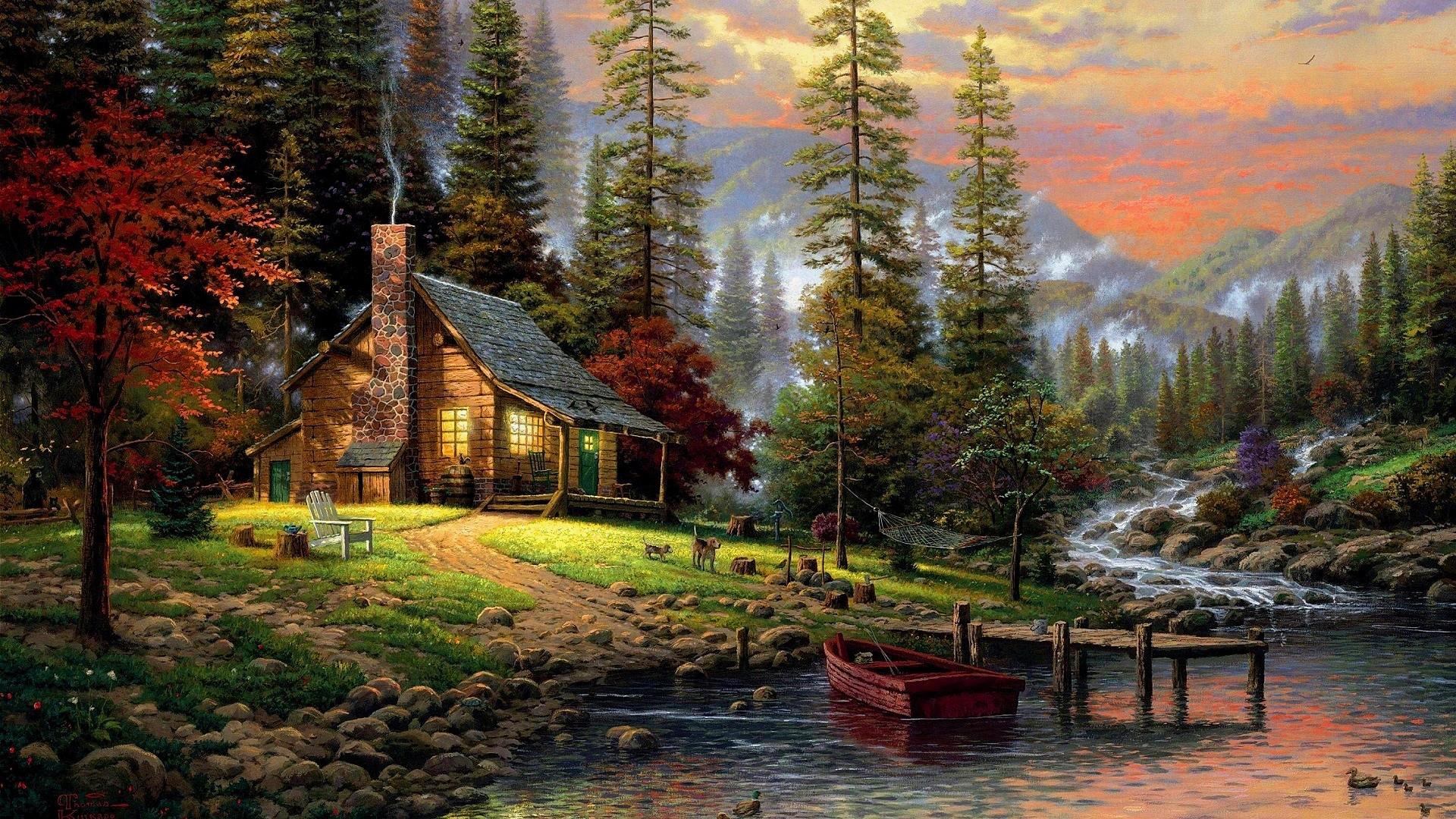 Artistic Cabin Forest Mountain Painting 1920x1080