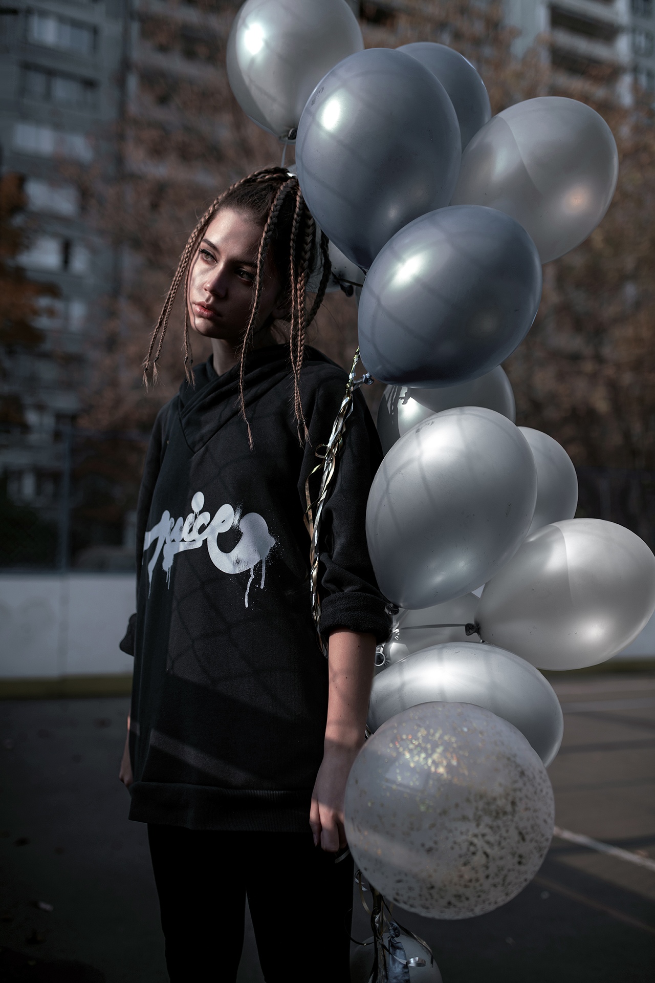 Yuriy Lyamin Women Ksenia Kokoreva Brunette Long Hair Braids Hoods Black Clothing Balloon Silver Out 1280x1920