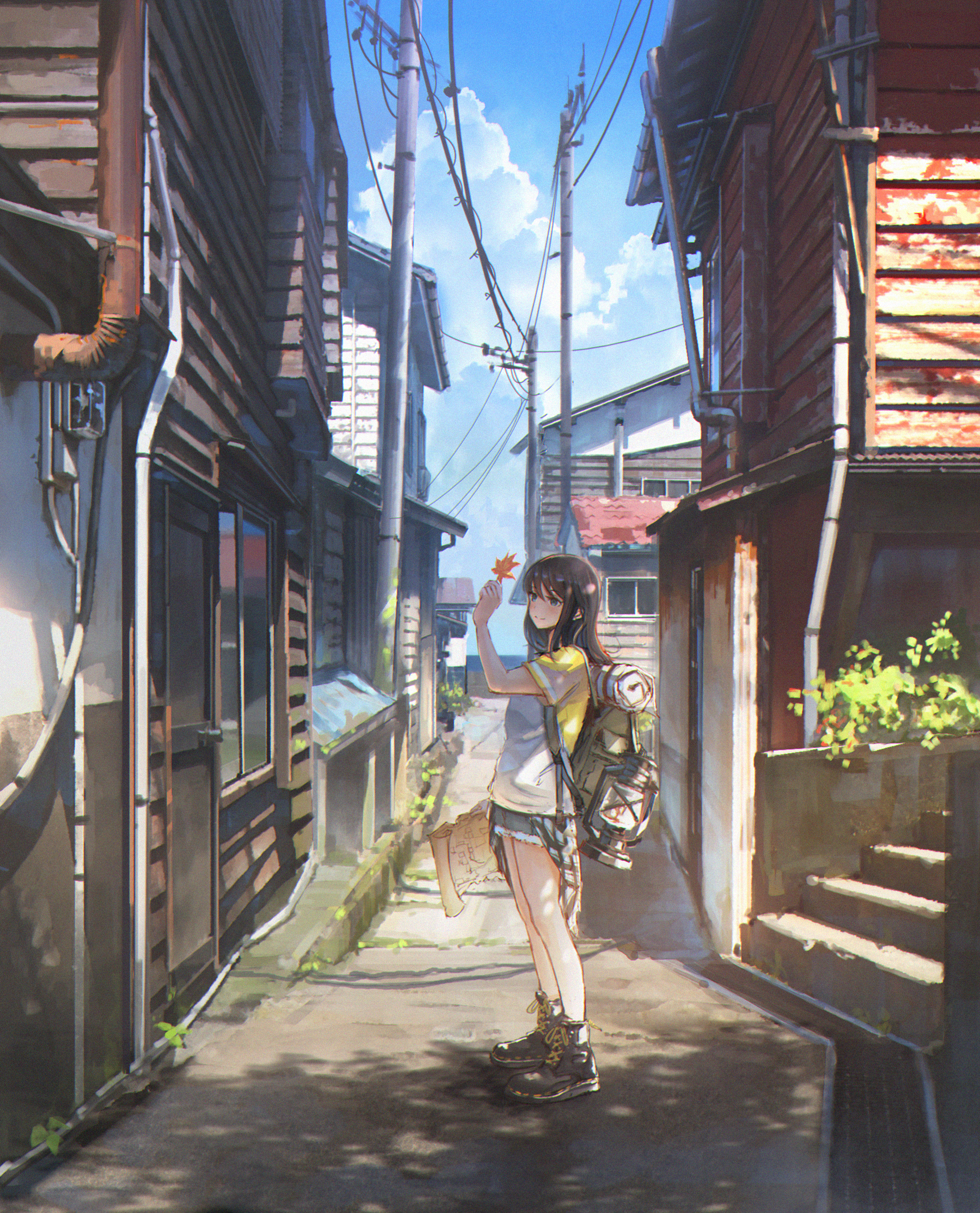Summers End Small Alley Anime Anime Girls Women Outdoors Standing Backpacks Brunette Leaves 1800x2227
