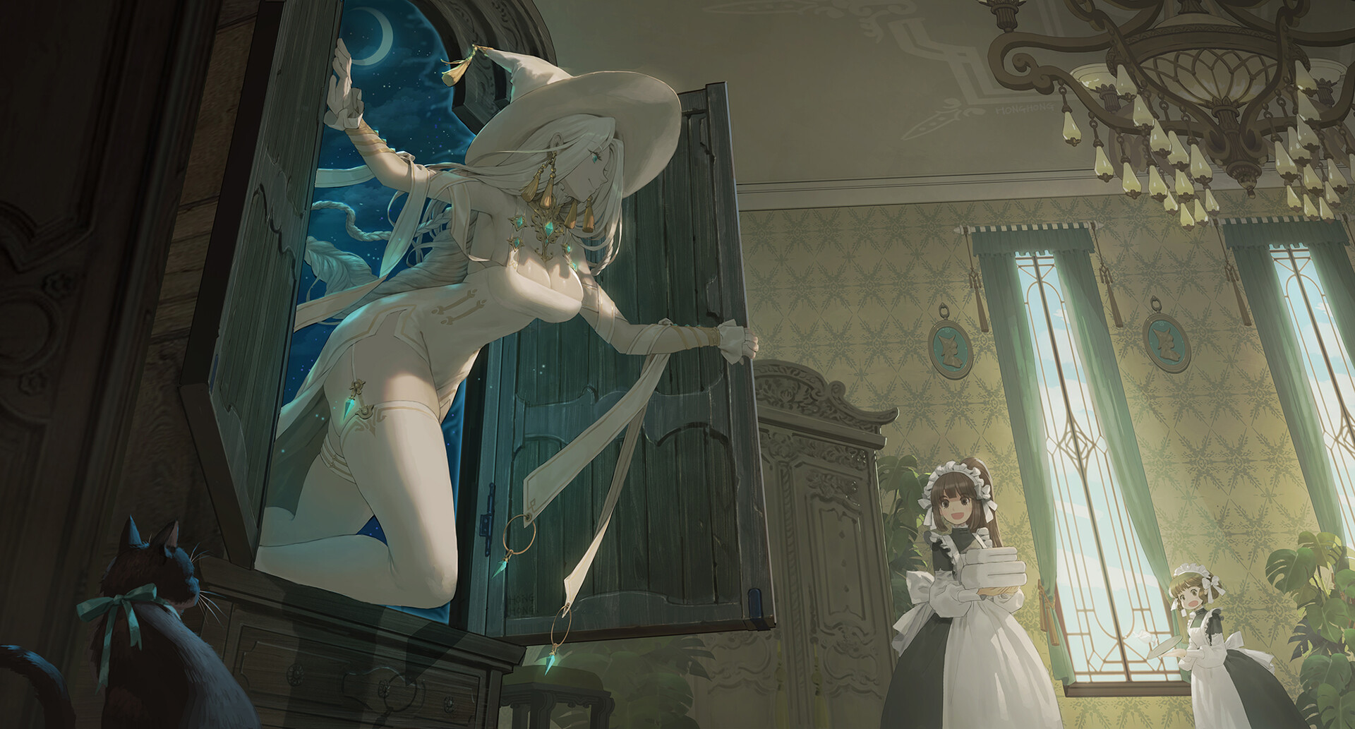 Hong Hong Anime Digital Art Dresser Maid Chandeliers Portal Cats Jewelry Witch Closet Moon Anime Gir 1920x1033