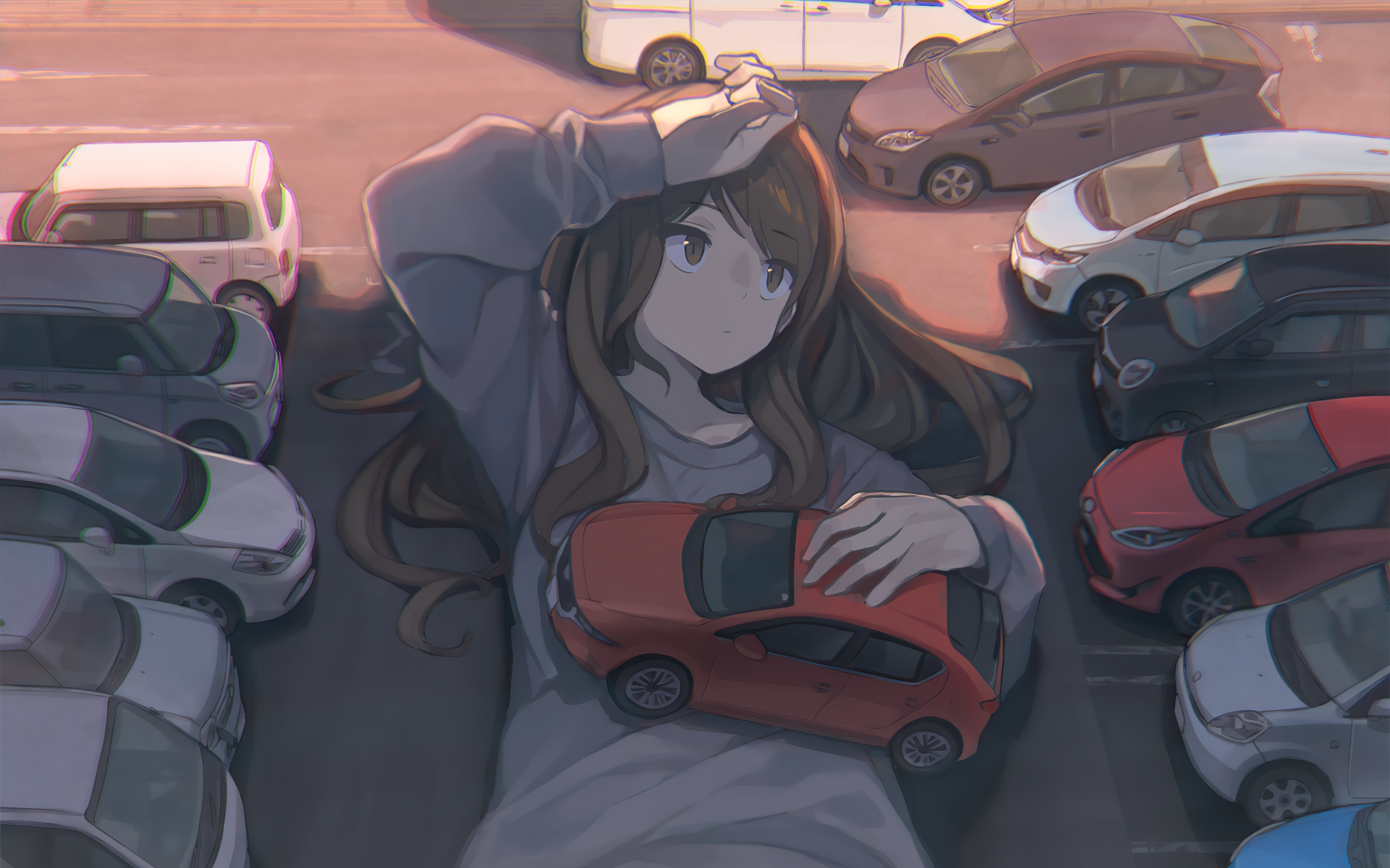 Anime Anime Girls Brunette Long Hair Brown Eyes Looking Away Car Broadway Parking Sunlight 5120x3200