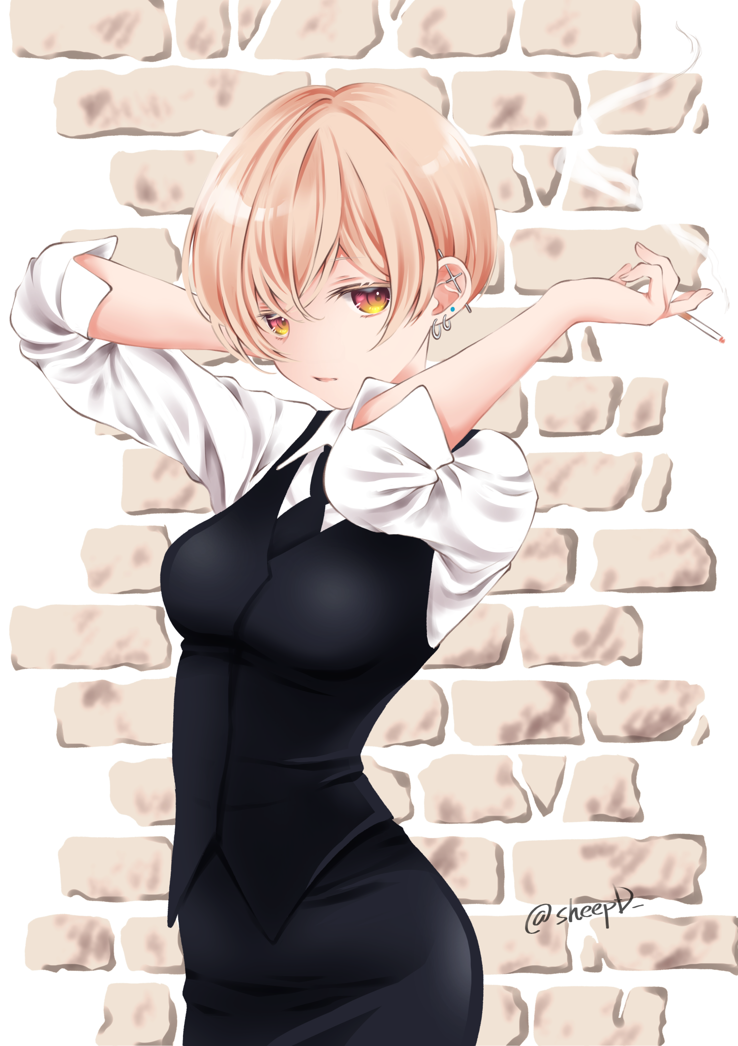 Anime Anime Girls Digital Art Artwork 2D Portrait Display Vertical Sheepd Waitress Smoking Short Hai 1500x2125