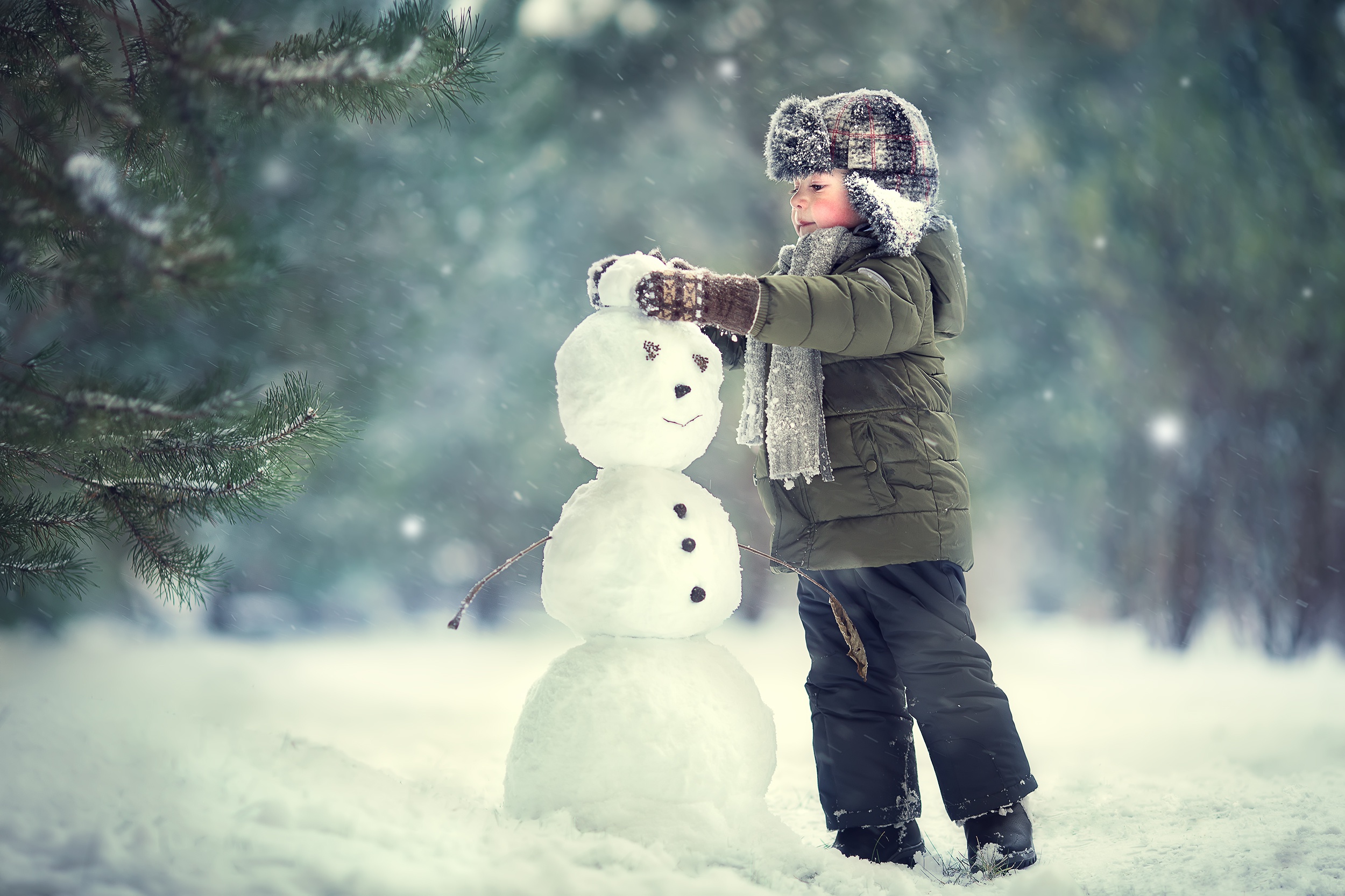Boy Child Depth Of Field Hat Little Boy Snowman Winter 2500x1666
