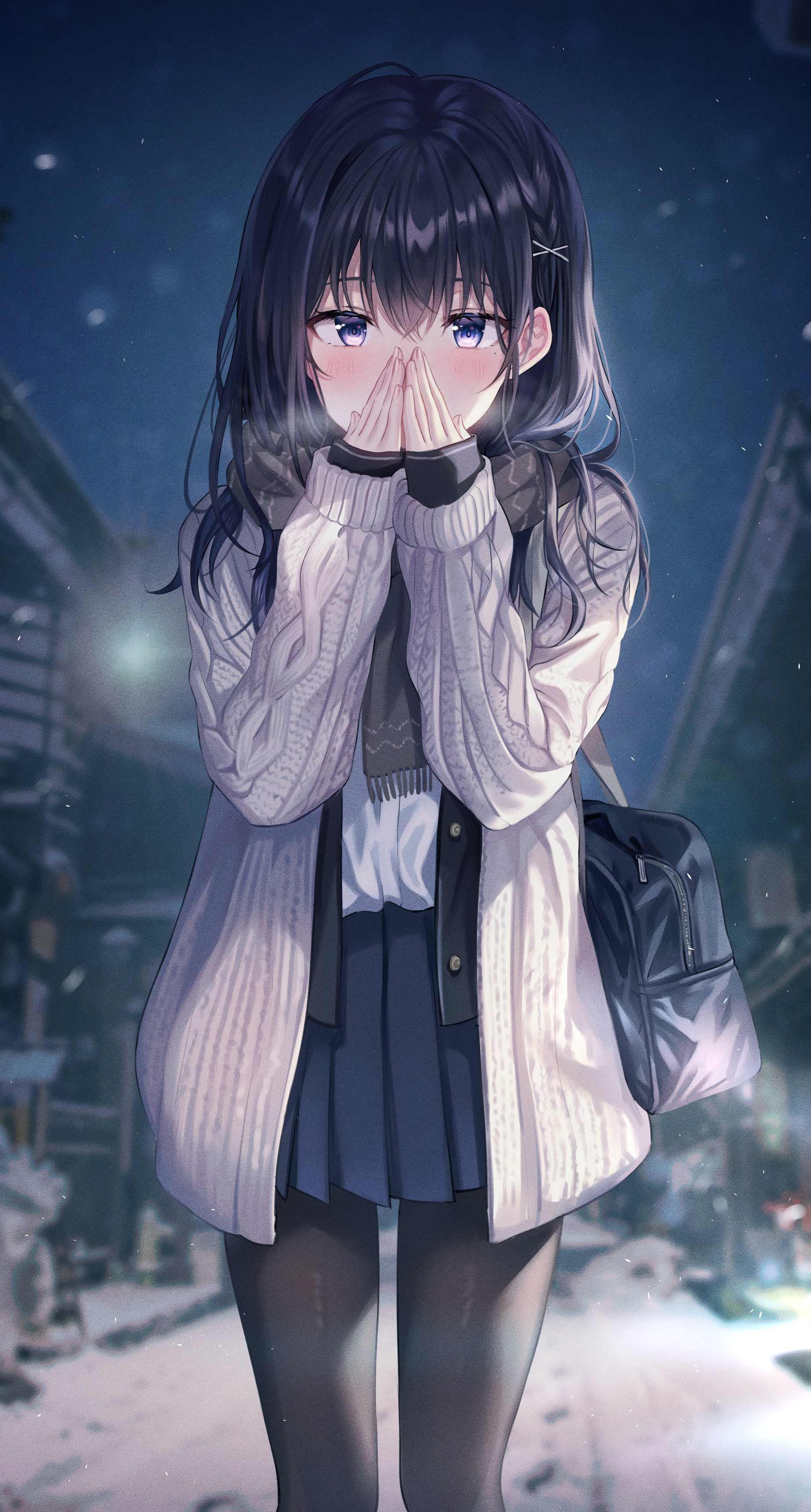 Anime Anime Girls Tokkyu Artista Dark Hair Blue Eyes Blushing School Uniform Sweater Night Winter Sc 1848x3445