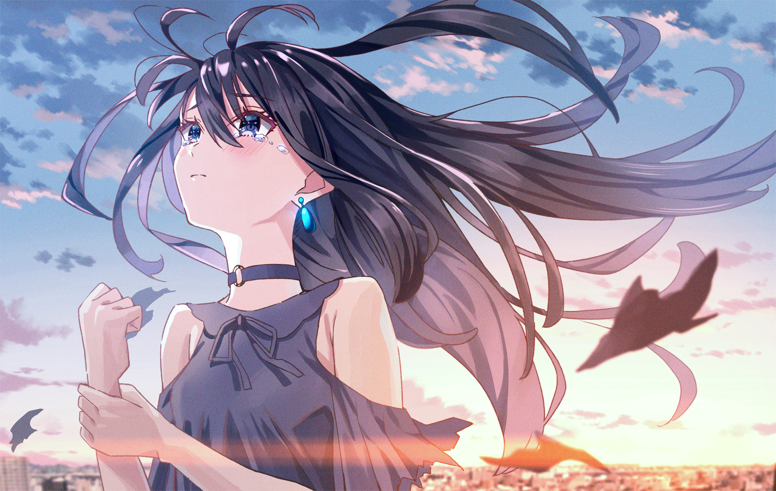 Anime Anime Girls Komizuki Original Characters Tears Koh Rd Dark Hair Blue Eyes Sky 1600x1013