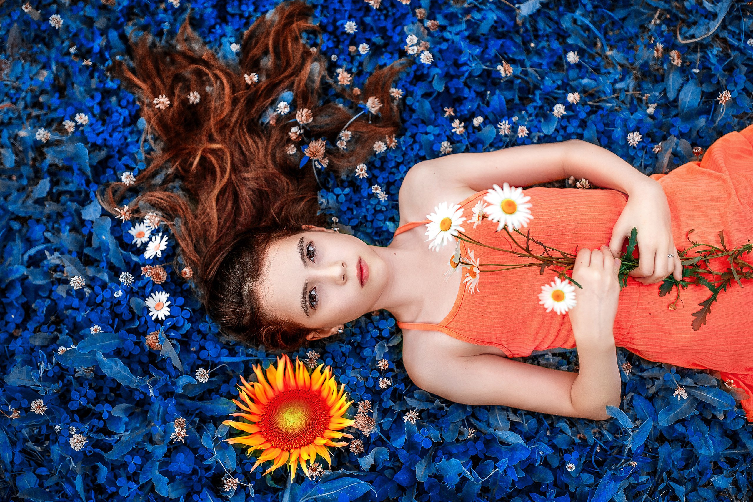 Brown Eyes Flower Girl Lying Down Model Orange Dress Redhead Woman 2560x1706