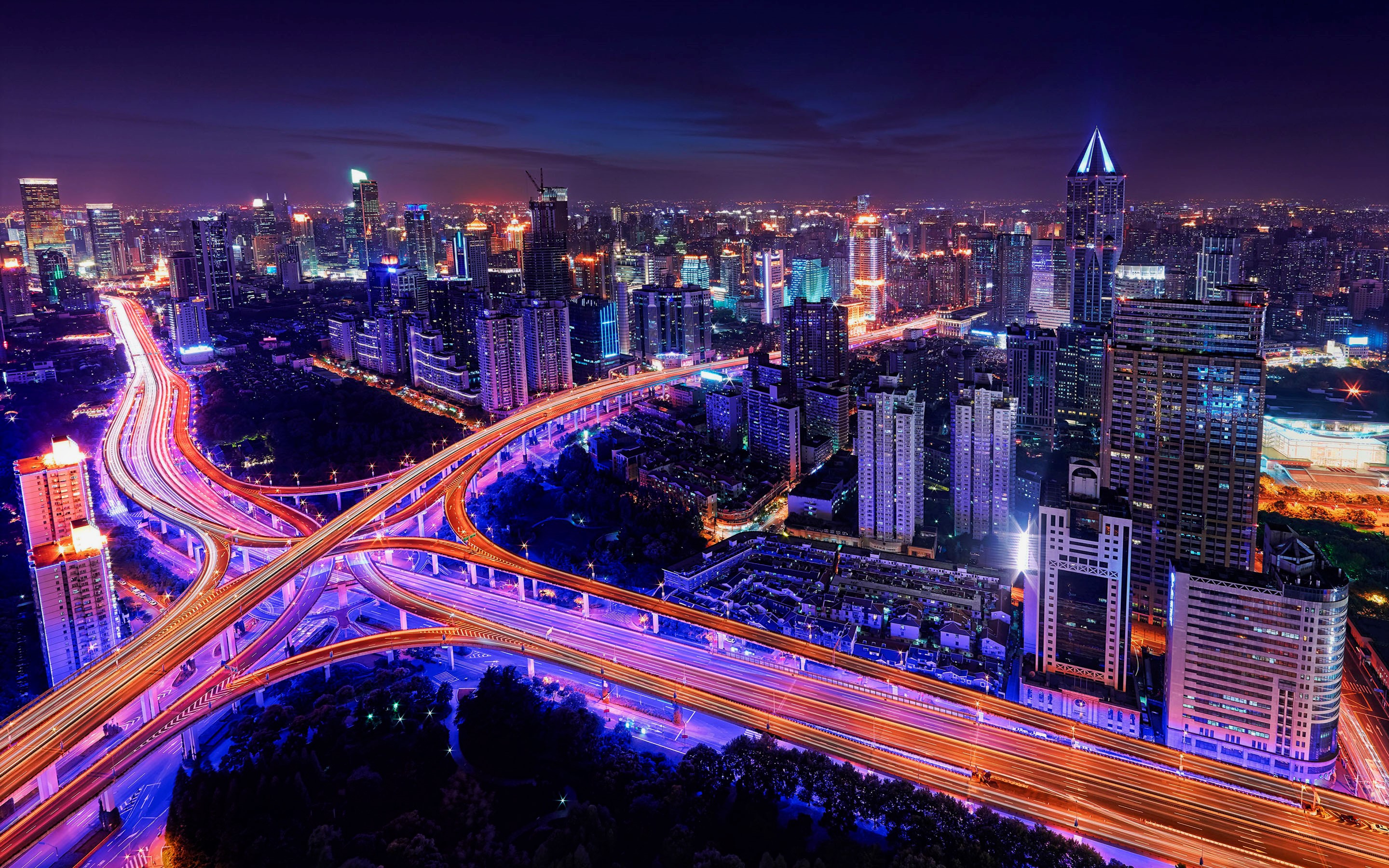 Building China Cityscape Light Man Made Night Road Shanghai 2880x1800