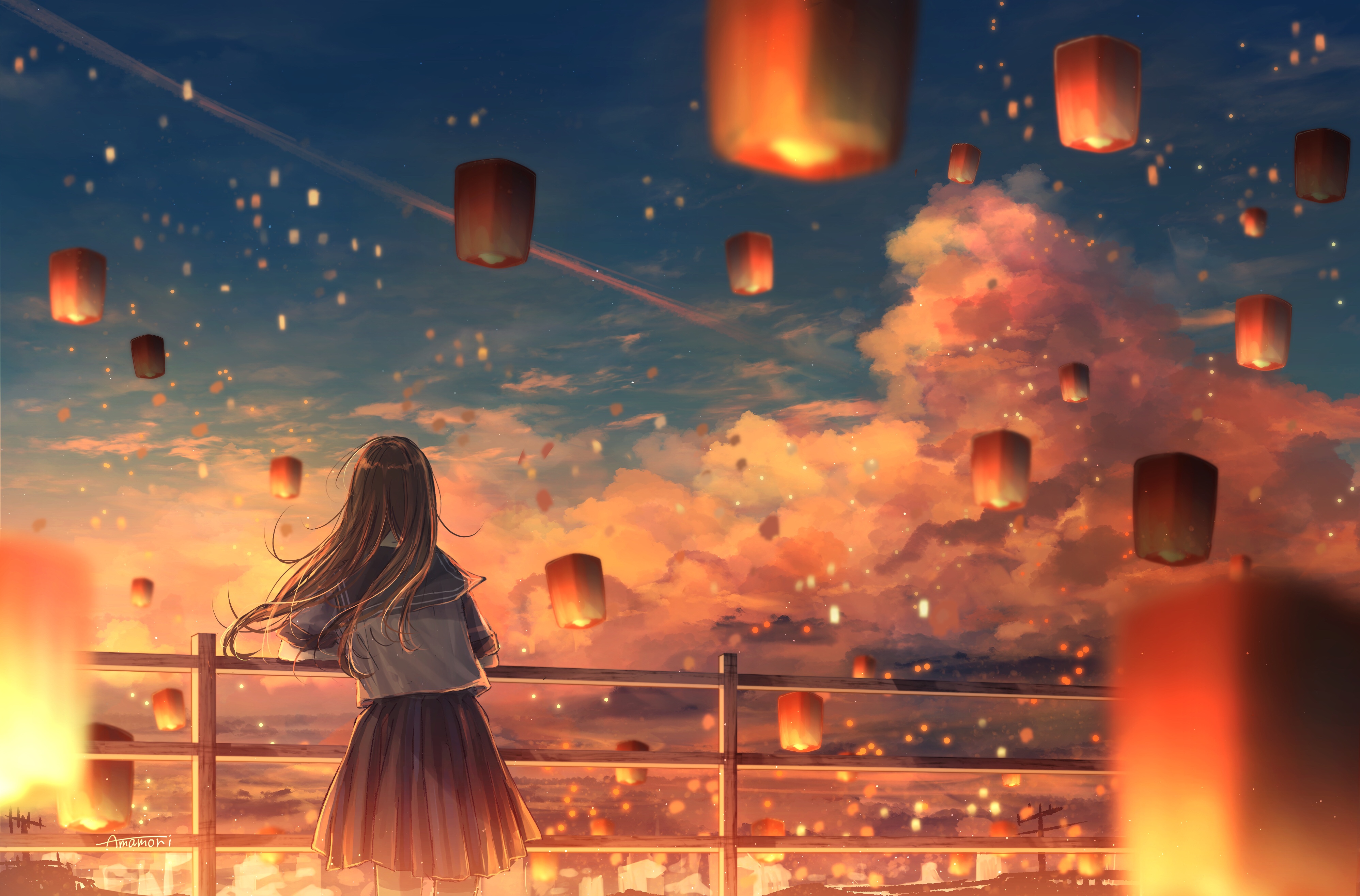 Anime Anime Girls Sunset Sky Lanterns Night Lanterns Brunette School Uniform Clouds Landscape Amenom 3992x2632