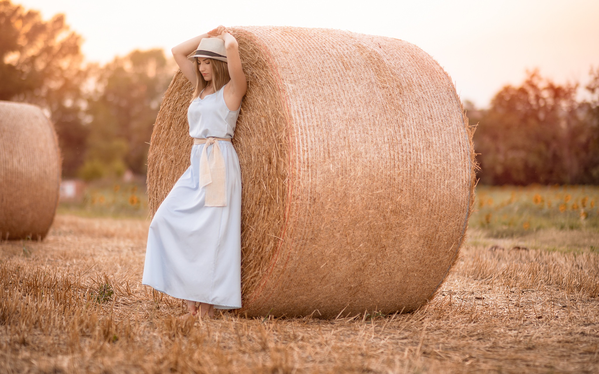 Blue Dress Dress Girl Hat Haystack Model Mood Summer Woman 2048x1280