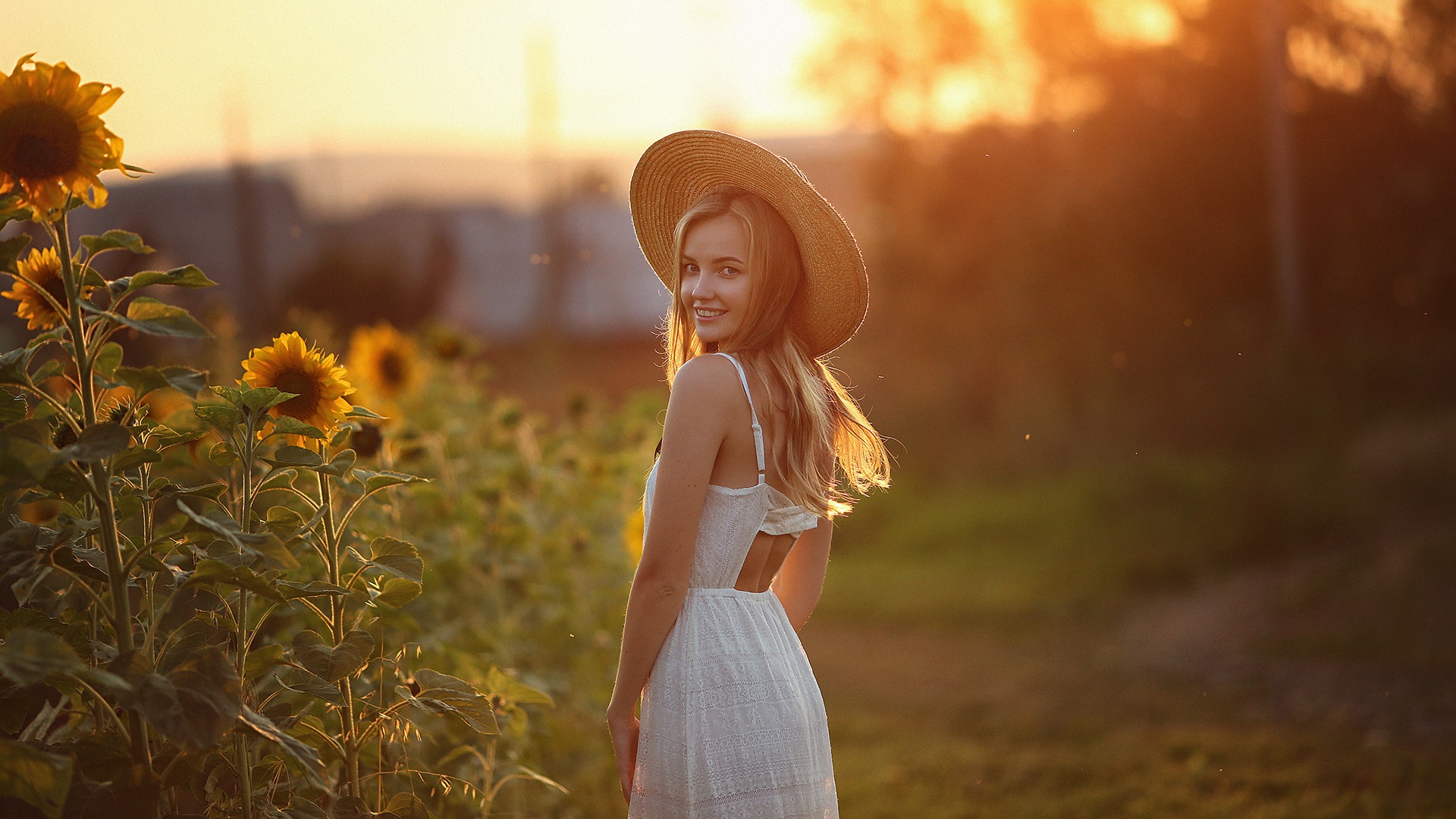 Blonde Depth Of Field Girl Hat Model Smile Sunflower White Dress Woman 1920x1080
