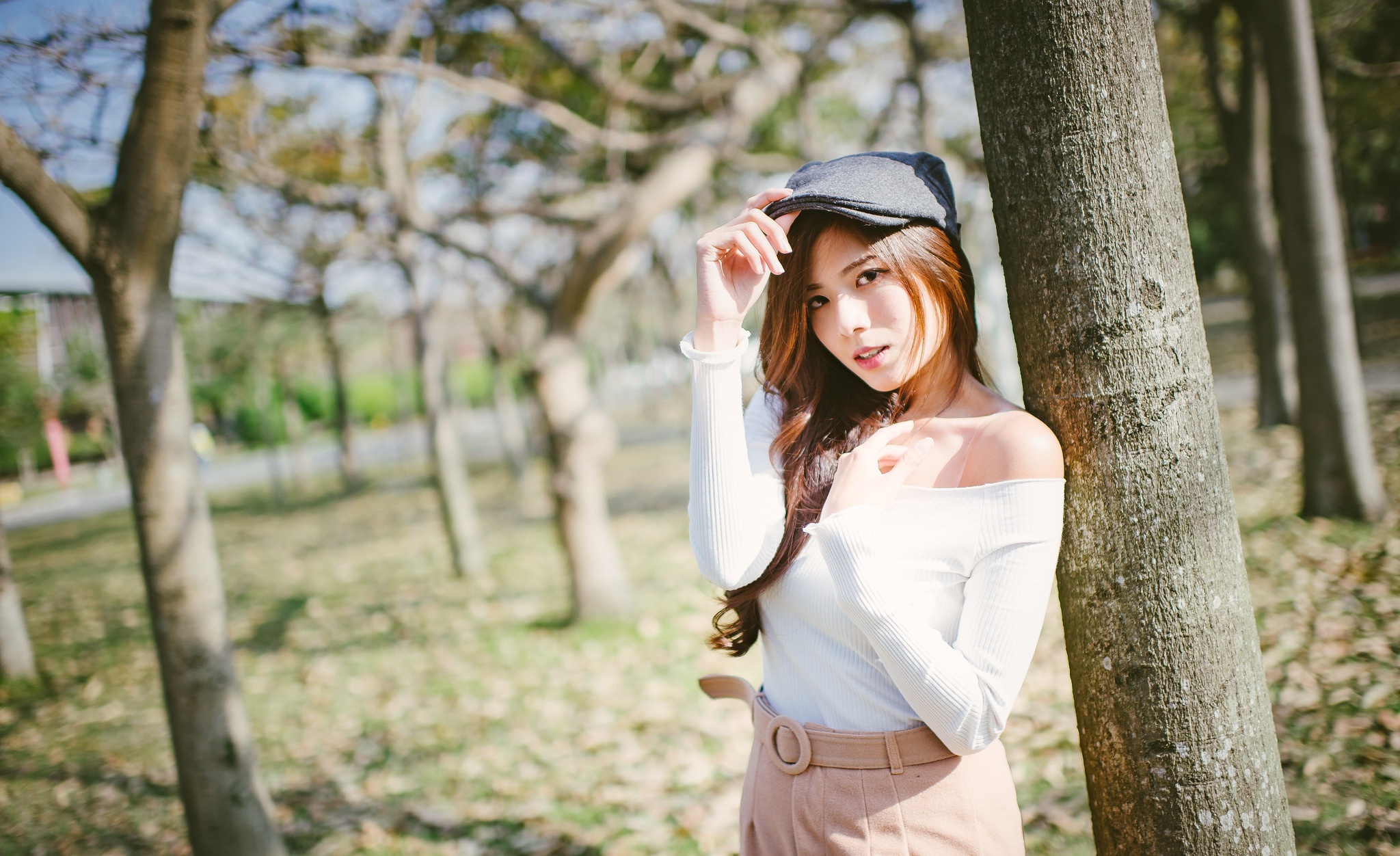 Asian Brown Eyes Brunette Depth Of Field Hat Long Hair Model Tree Woman 2048x1252
