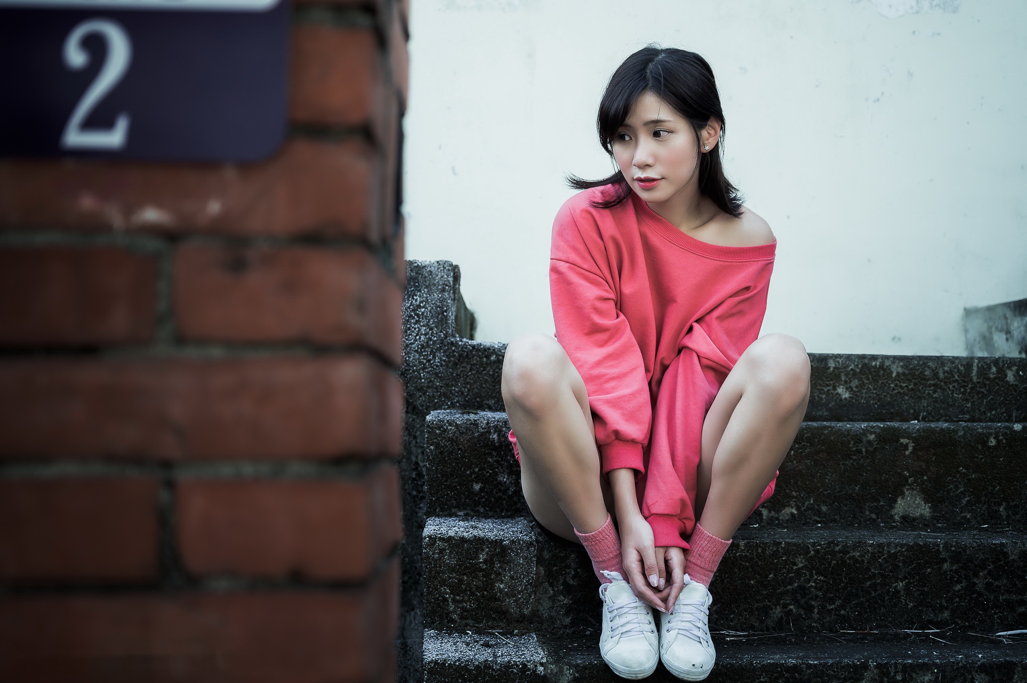 Asian Women Model Stairs Bricks Numbers Legs Dark Hair Looking Away 2045x1361
