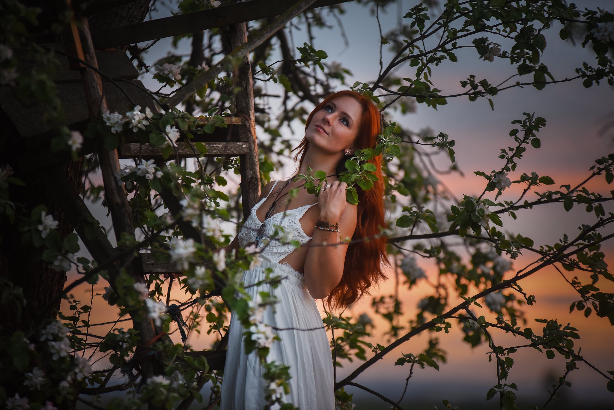 Women Outdoors Women Outdoors Redhead Long Hair Plants Twigs Looking Up Dress White Dress Flowers 2048x1367
