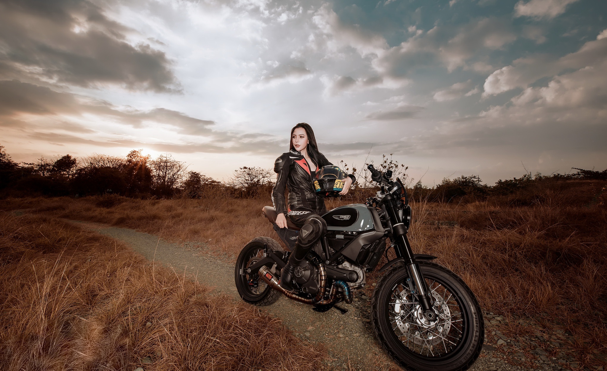 Brunette Girl Leather Jacket Model Motorcycle Vehicle Woman 2048x1253
