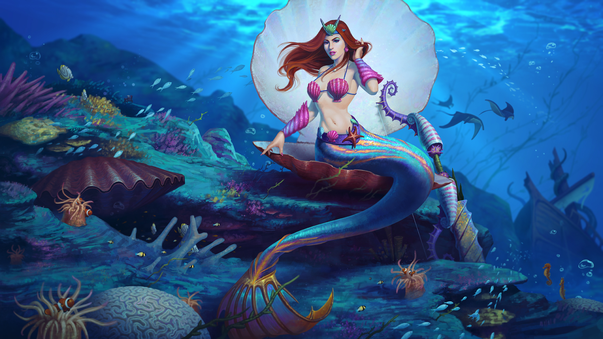Medusa Smite Mermaid Shell Underwater Woman 1920x1080