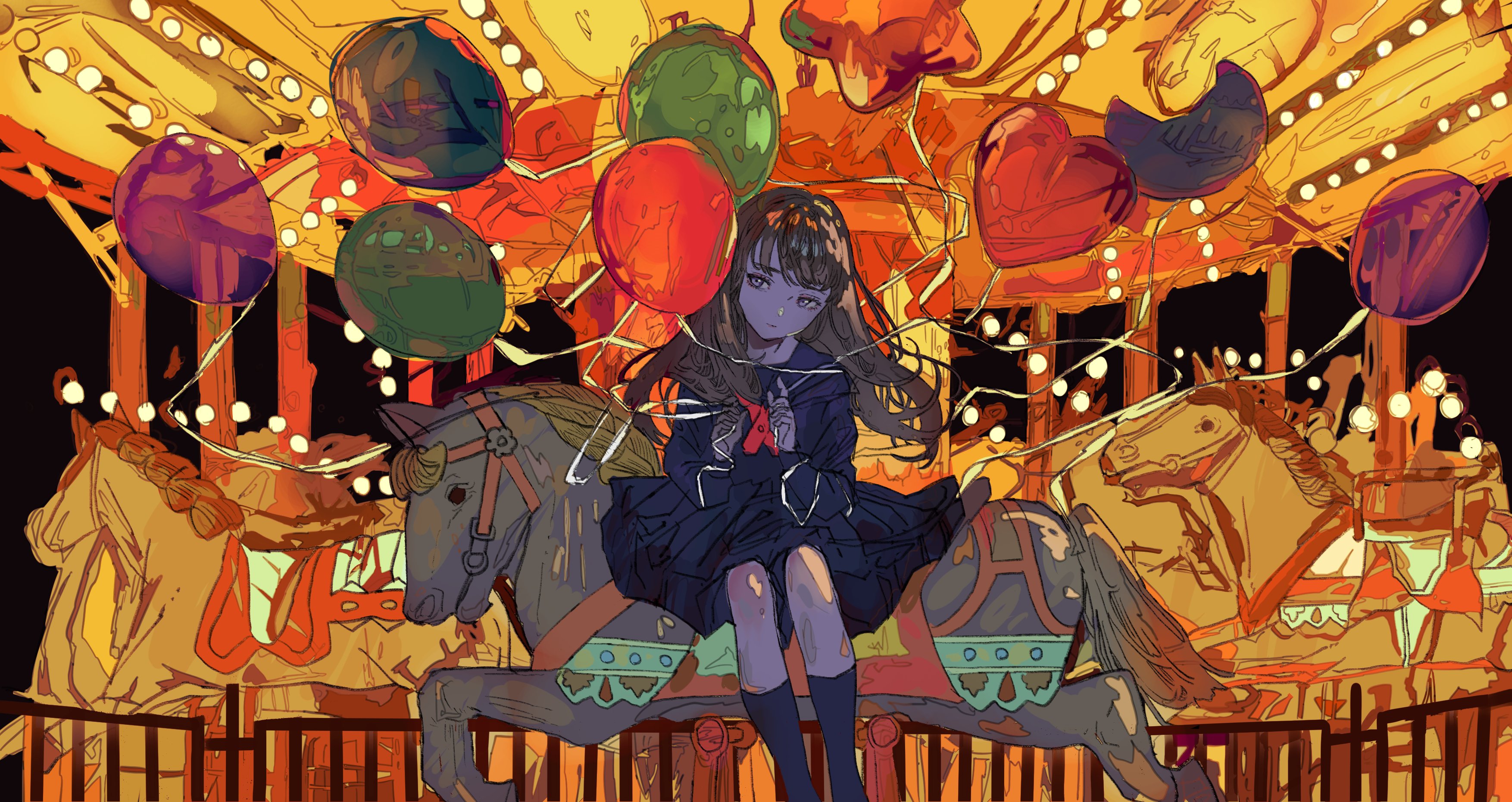 Anime Anime Girls Digital Art Artwork Qooo003 School Uniform Balloon Carousel 3508x1862