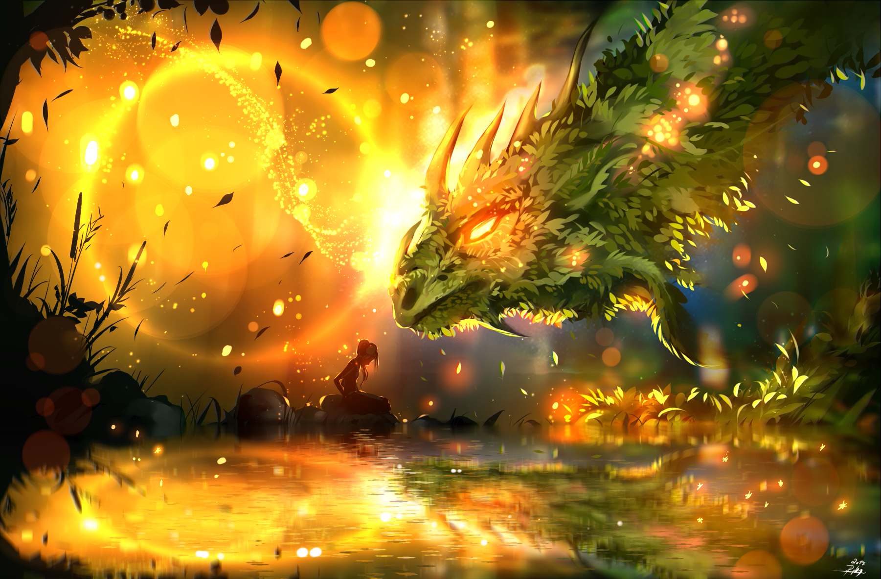 Fantasy Girl Dragon Petals Trees Lake Digital Art Reeds Ryky Fantasy Art 1801x1183