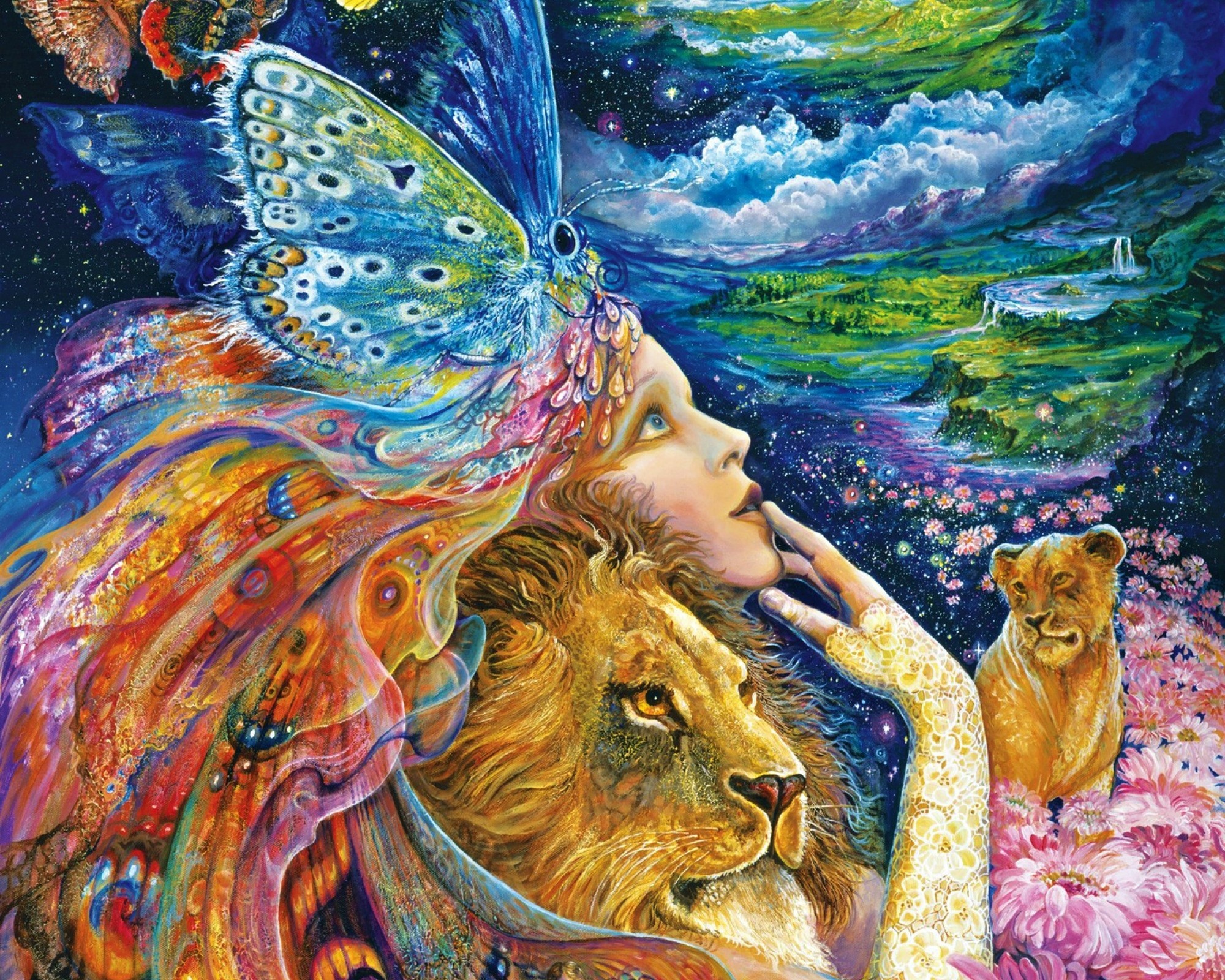 Artistic Butterfly Colorful Fantasy Girl Lion Mystical Painting 2000x1600