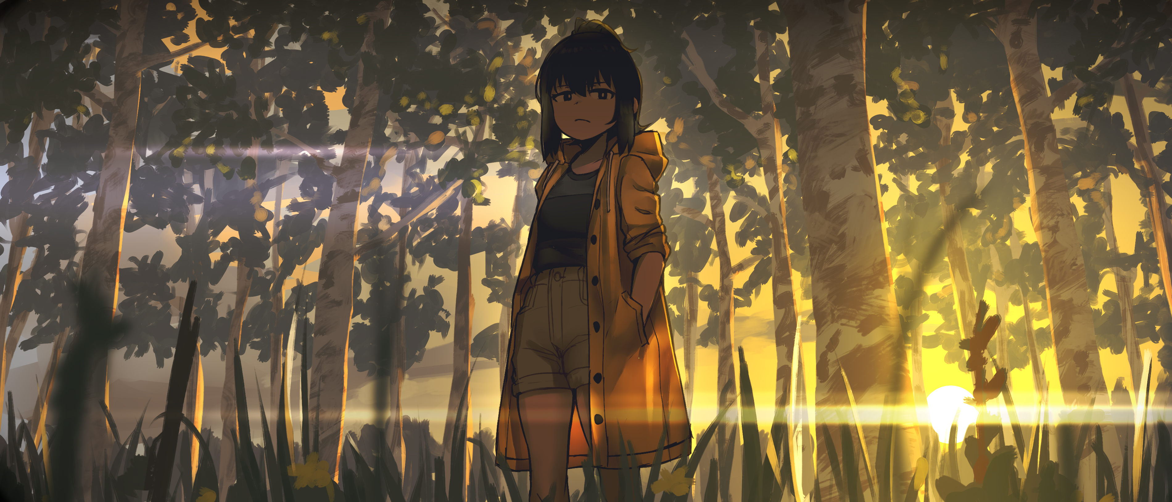 Short Hair Anime Raincoat Anime Girls Trees Hoplitx 3800x1629
