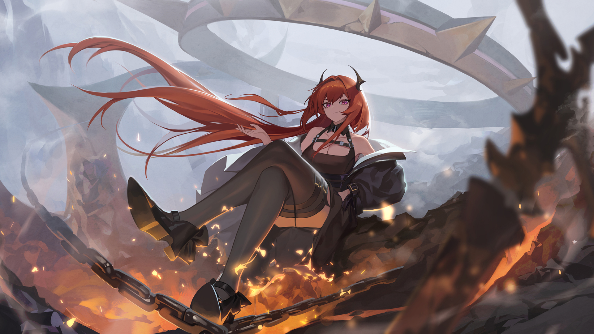 Long Hair Redhead Horns Pink Eyes Thigh Highs Chains Fire Sparks Arknights 1920x1080