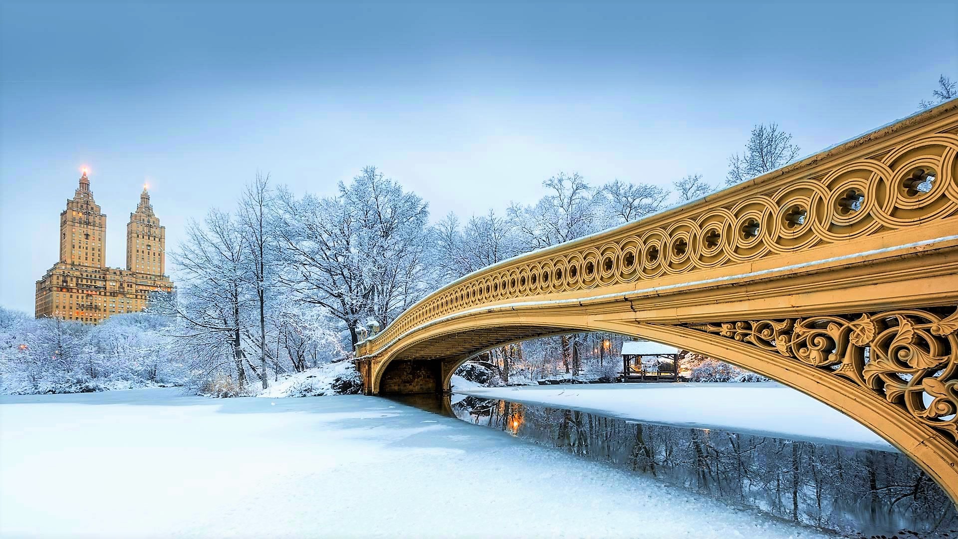 Bow Bridge Bridge Central Park New York Snow Winter 1920x1080