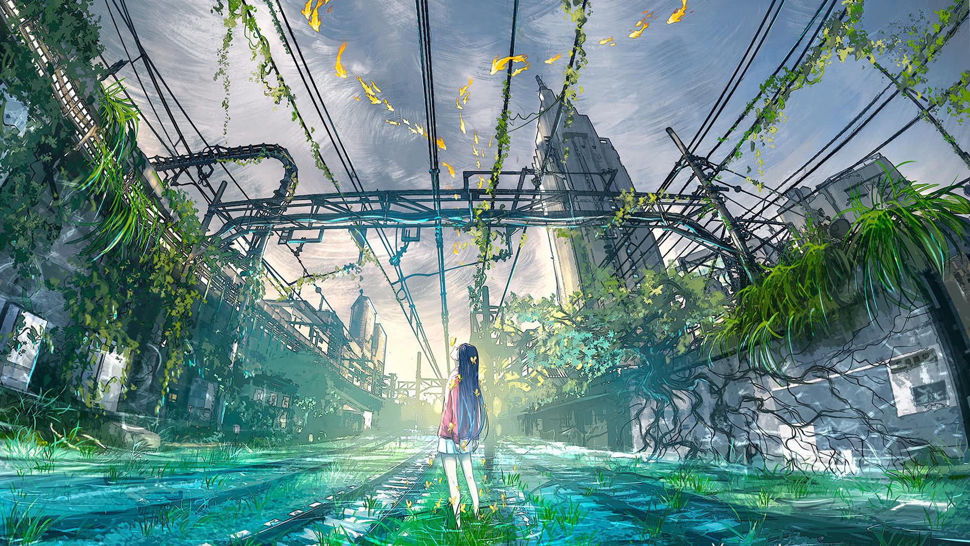 Future Forest City Sky Yuumei Anime Girls 1920x1080