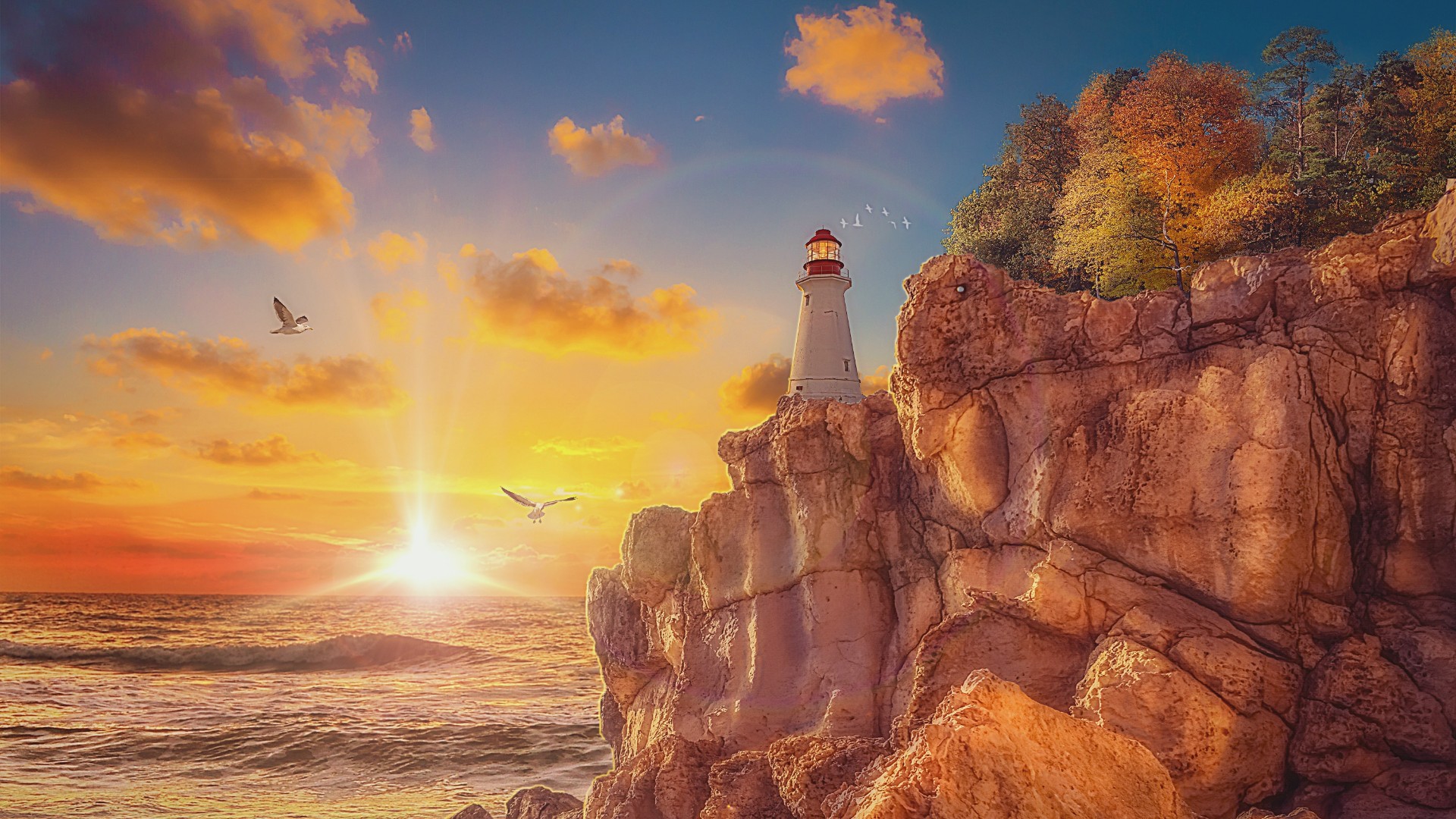 Cliff Lighthouse Ocean Rock 1920x1080