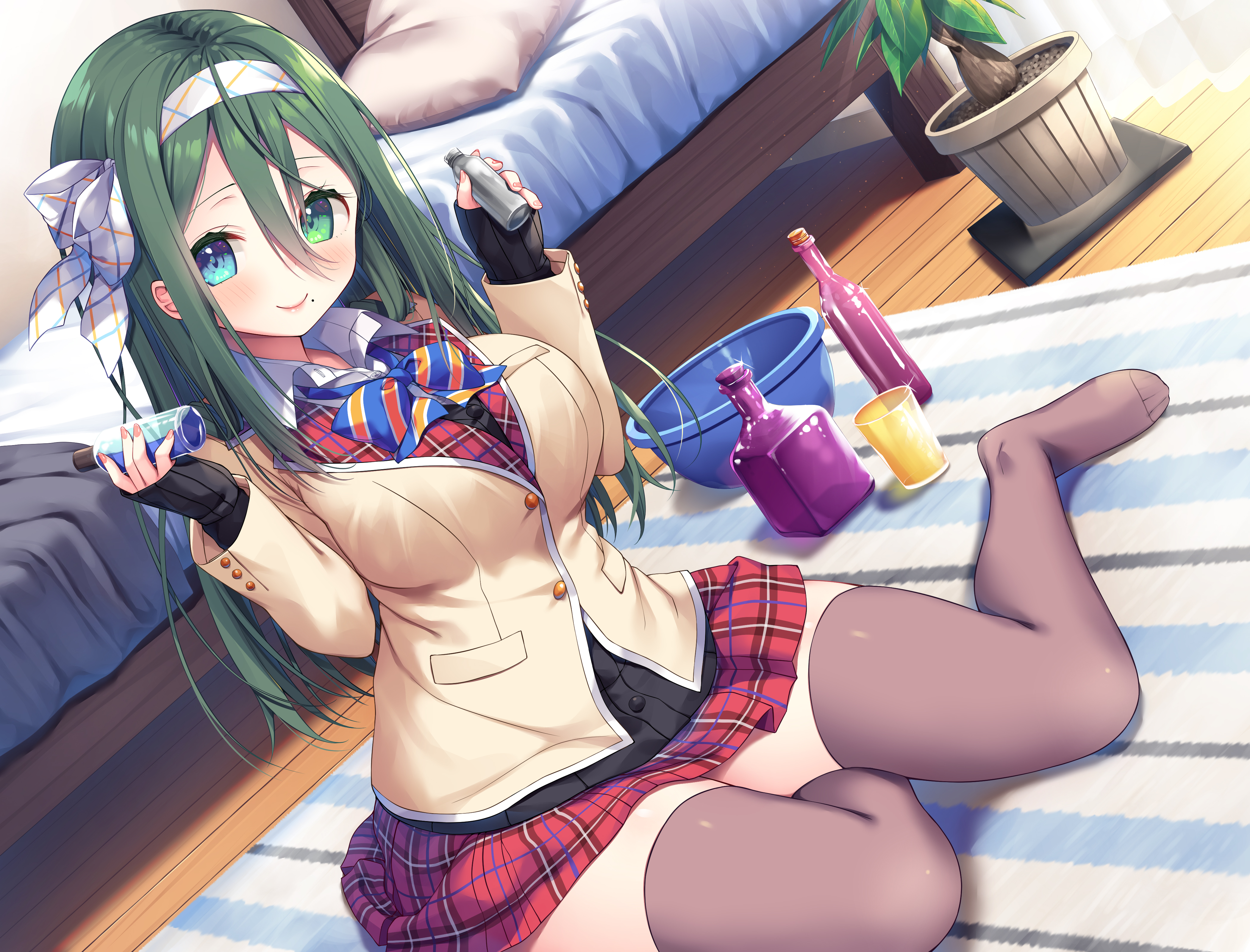 Schoolgirl Green Hair Heterochromia Thigh Highs School Uniform Smiling Anime Girls Asa No Ha 4200x3200