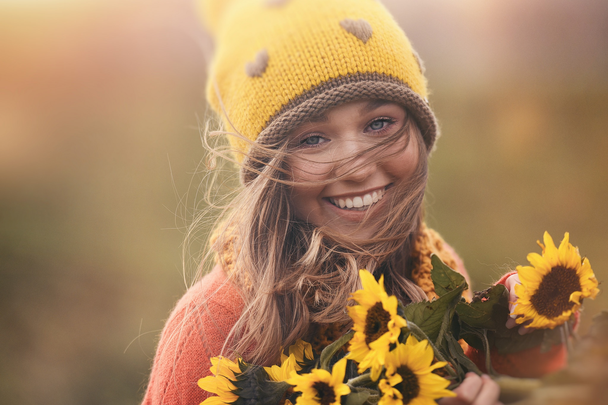 Blue Eyes Brunette Face Girl Hat Model Smile Sunflower Woman Yellow Flower 2048x1364