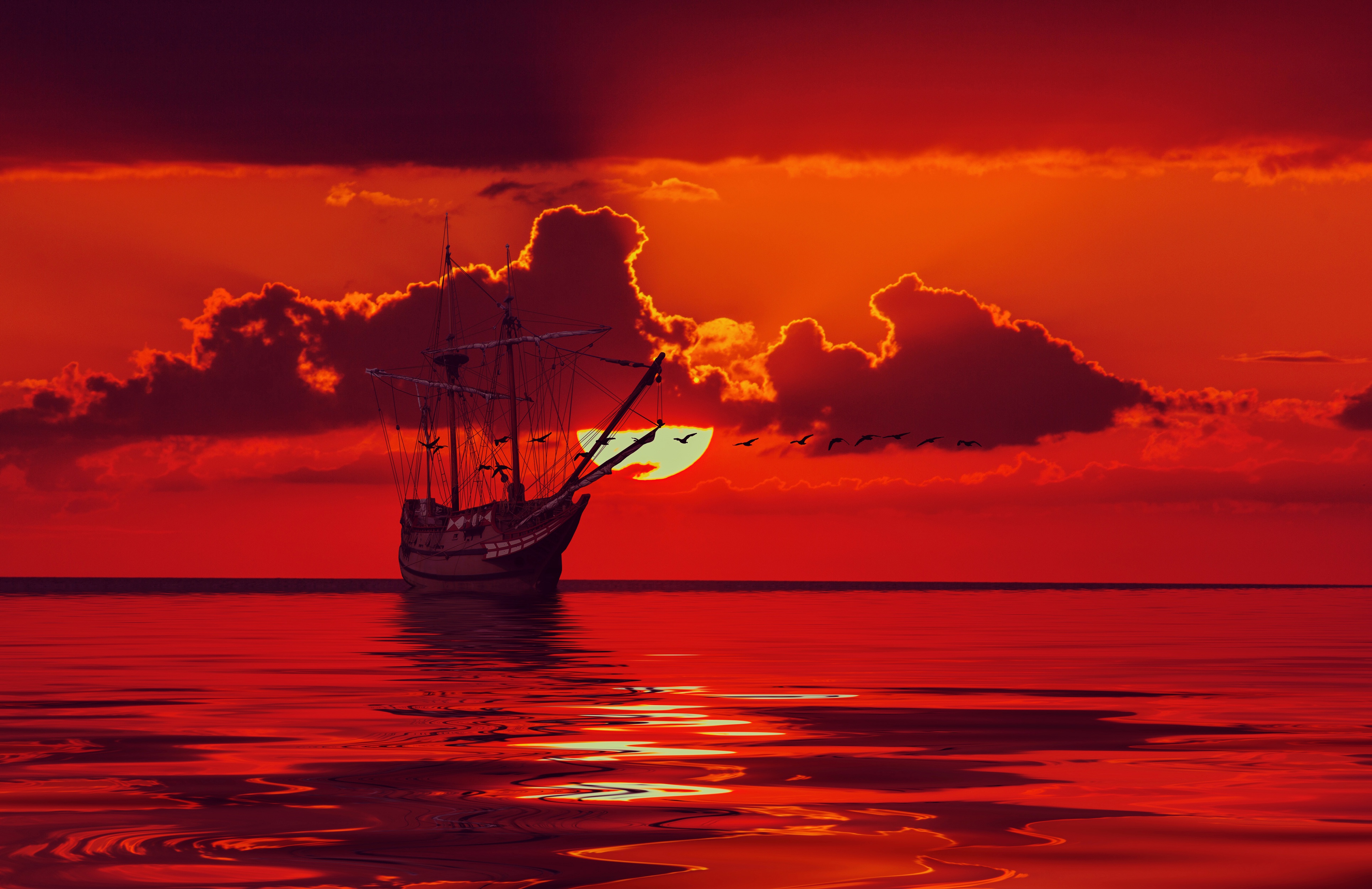Boat Cloud Horizon Ocean Sky Sunset Orange Color 3860x2500