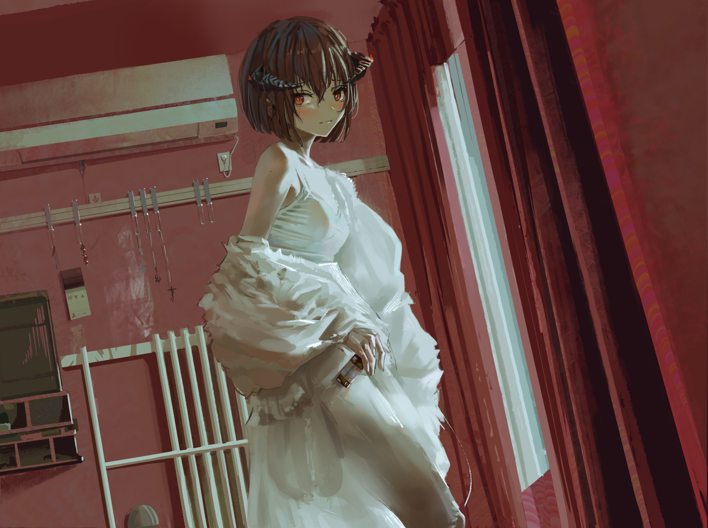 Anime Anime Girls 2D Original Characters Horns White Dress Blushing Short Hair Brunette Dutch Tilt L 2455x1832