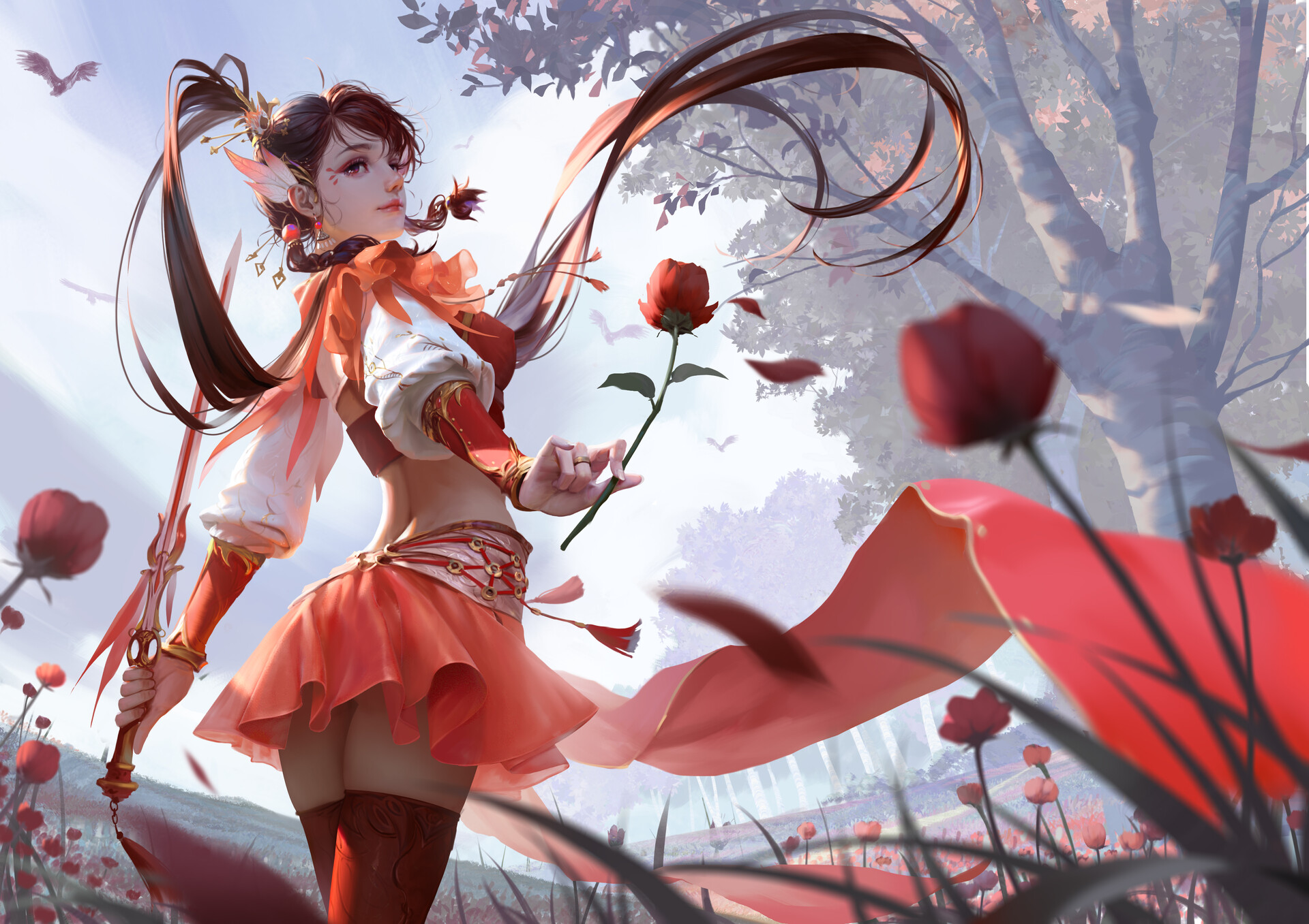 Rui Li Drawing Women Brunette Ponytail Face Paint Looking Away Warrior Sword Skirt Red Clothing Thig 1920x1357
