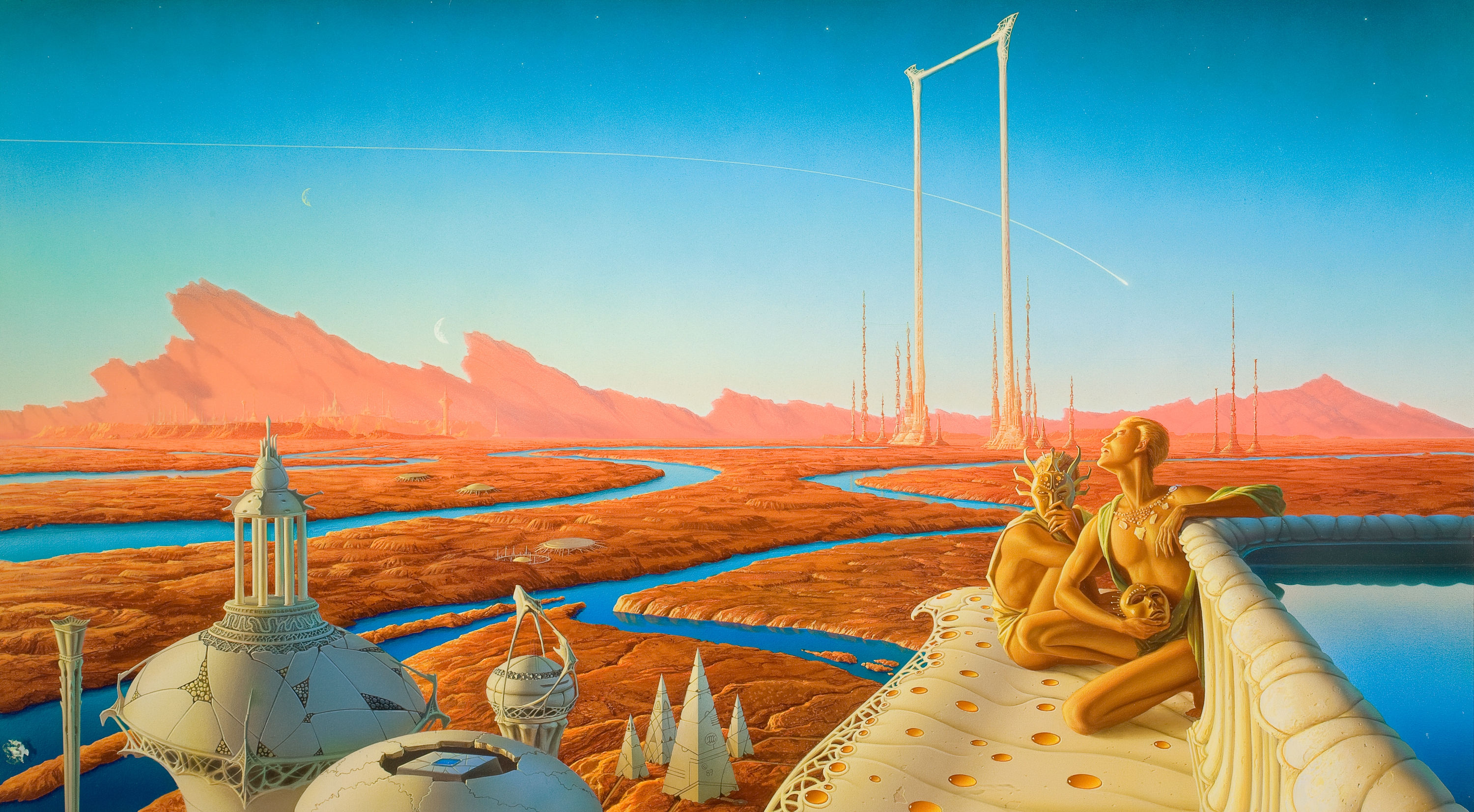 Artwork Painting Fantasy Art Space Sky Science Fiction Planet Landscape River Aliens 3000x1654