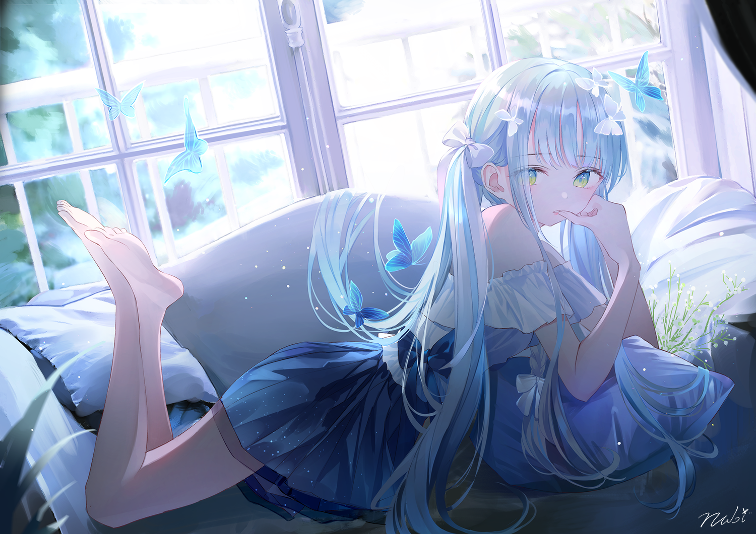 Anime Anime Girls Digital Art Artwork Nabi Dress Barefoot Legs In The Air Blue Hair 1500x1061