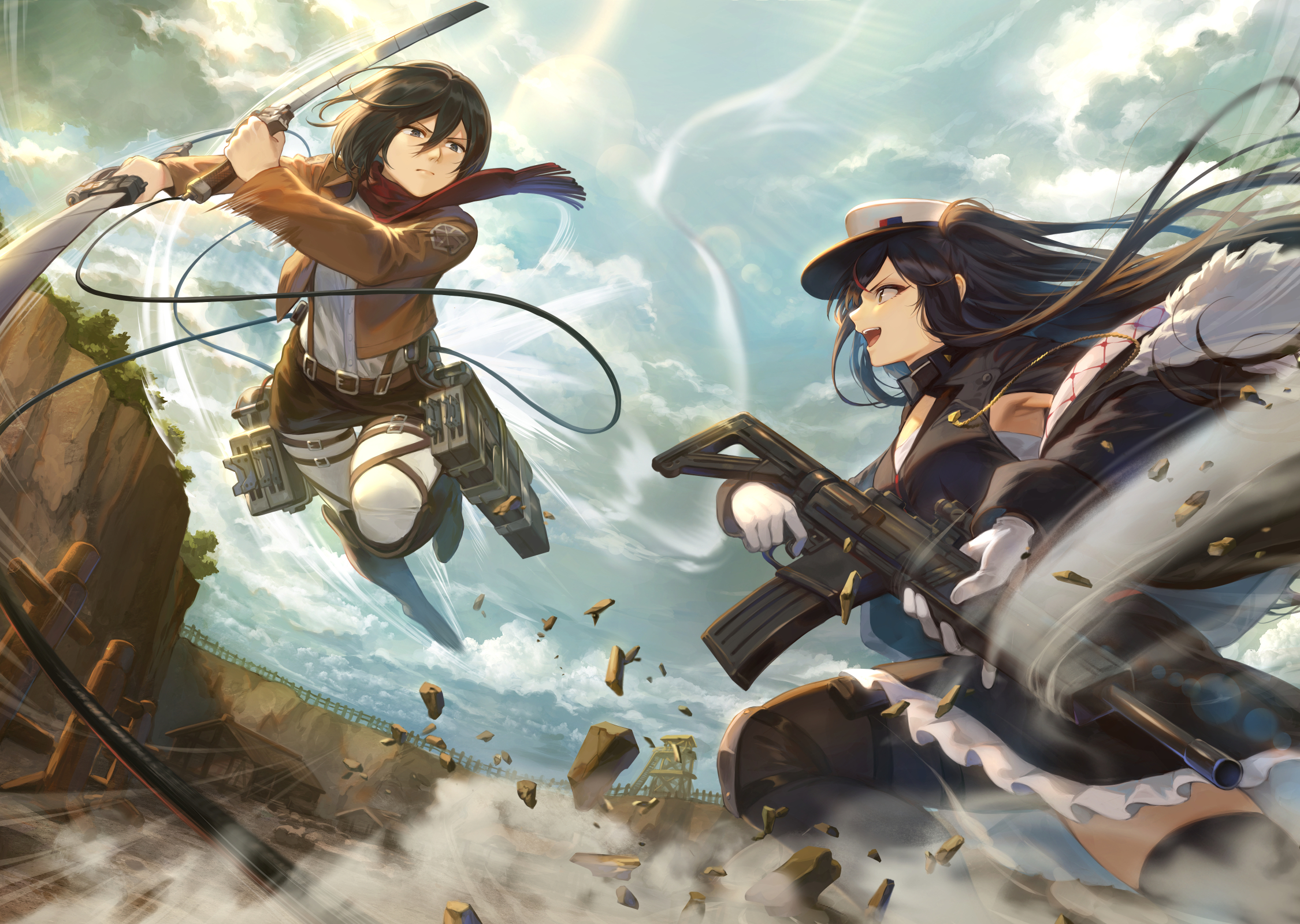 Anime Anime Girls Digital Art Artwork 2D Portrait Two Women Battle Girls With Swords Girls With Guns 2250x1600