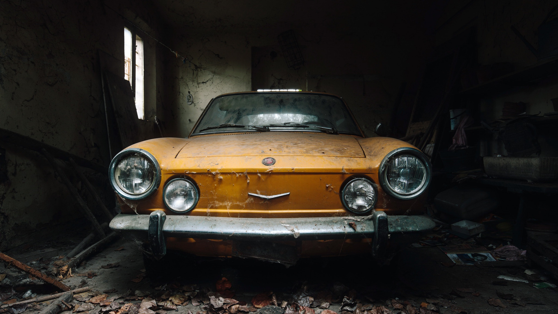 Photography Car Abandoned Old Car Nicola Bertellotti Messy Spiderwebs Yellow Cars FiAT 1920x1080