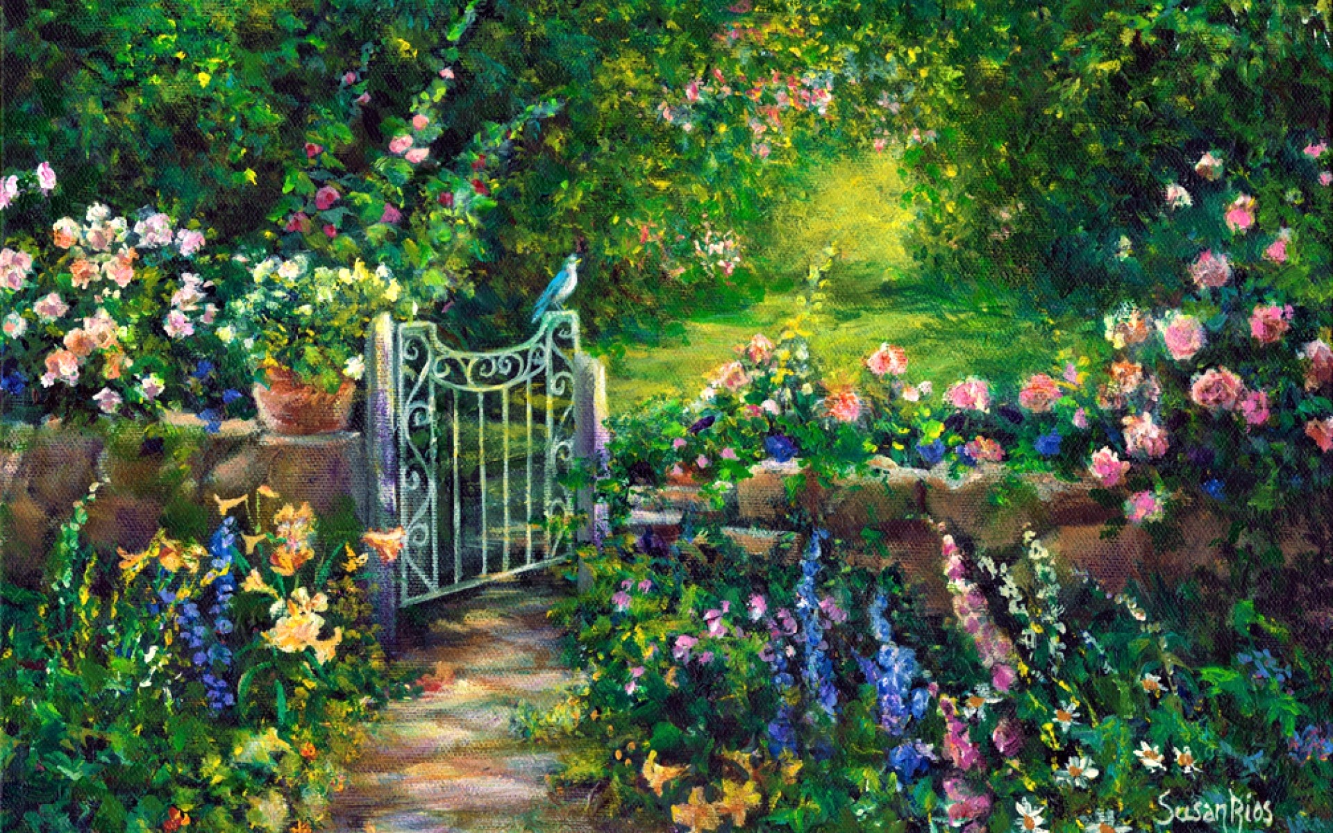 Artistic Bird Flower Garden Gate Painting Spring 1920x1200