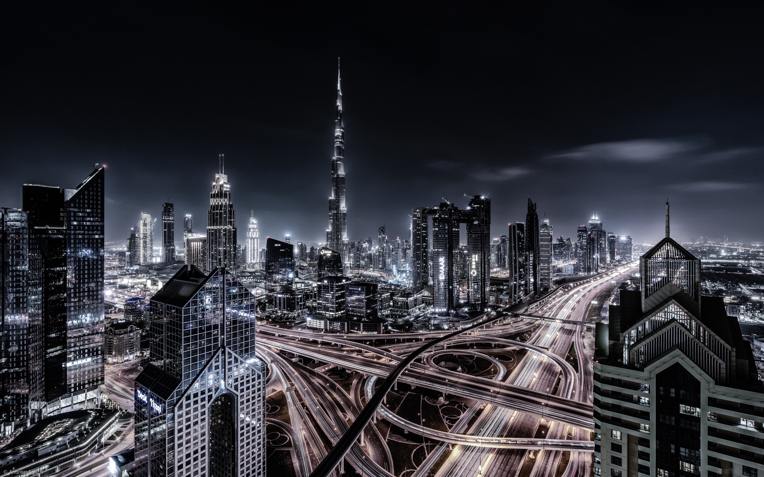 Dubai City Cityscape Night City Lights Skyscraper Long Exposure Traffic Freeway Overpass 2500x1563