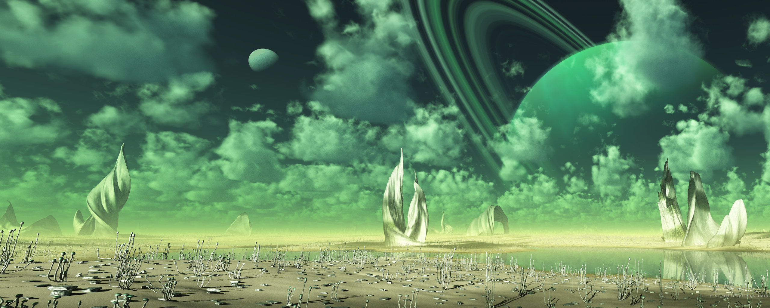 Wide Screen Alien World Planet Planetary Rings Digital Art Digitalblasphemy 2560x1024