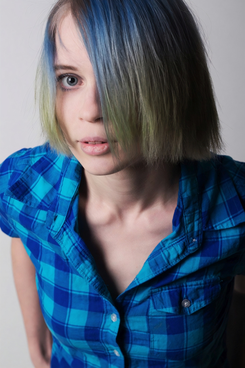 Nastya Nordlund Women Model Short Hair Blue Eyes Dry Lips Hair Covering Eyes Green Hair Blue Hair Fa 853x1280