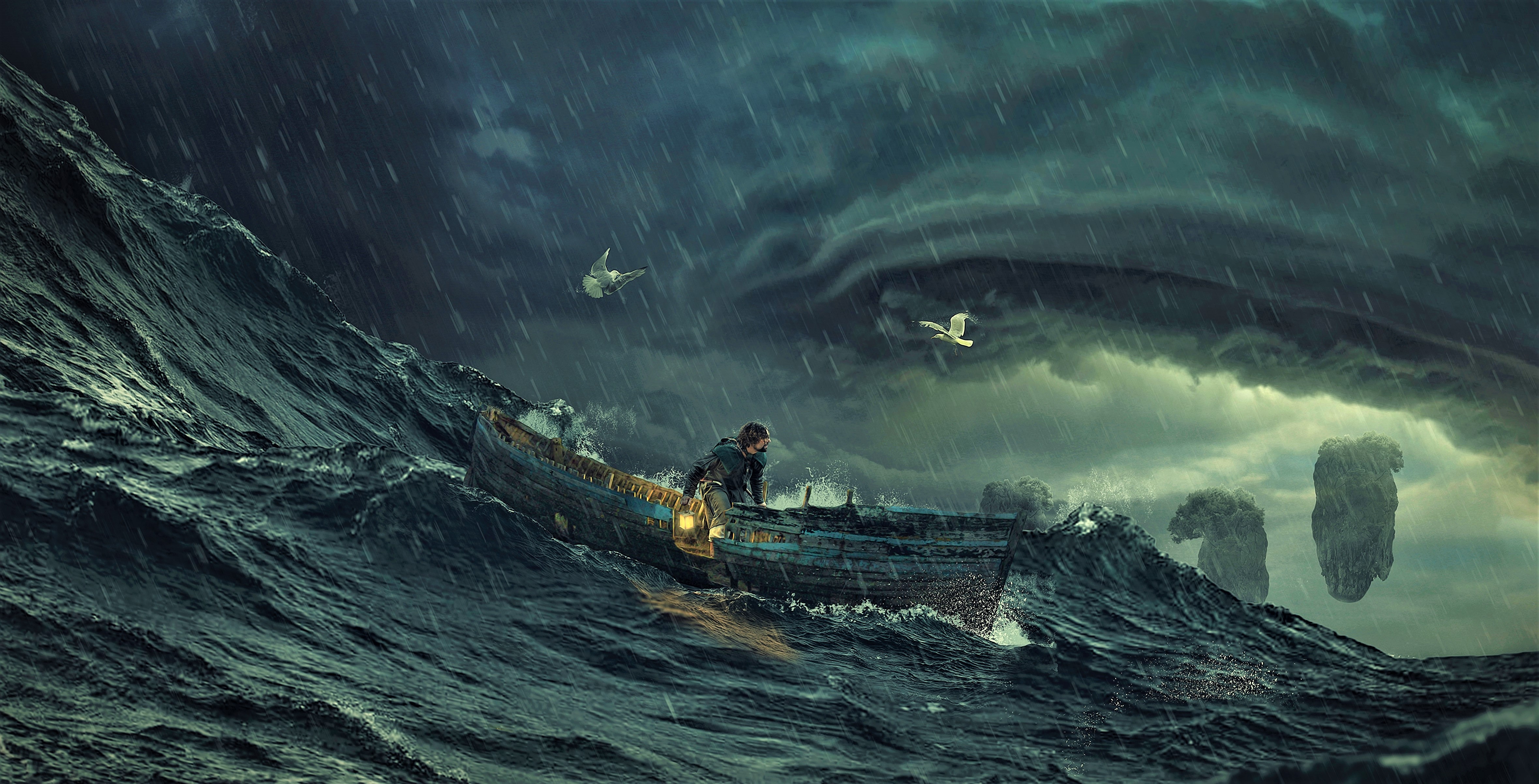 Boat Fantasy Man Ocean Sea Storm Wave 4718x2405