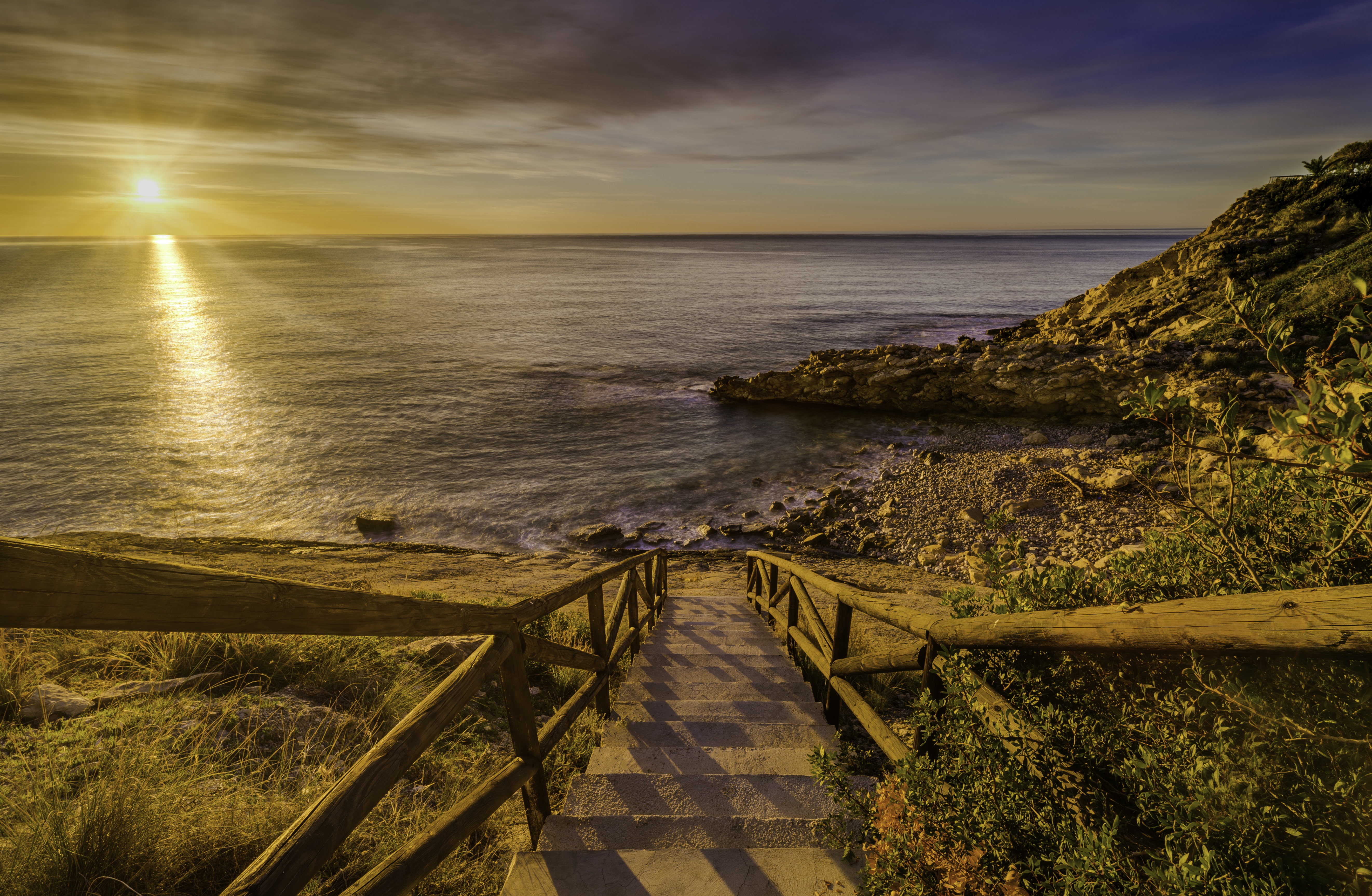 Coast Horizon Ocean Spain Stairs Sunrise 5286x3452