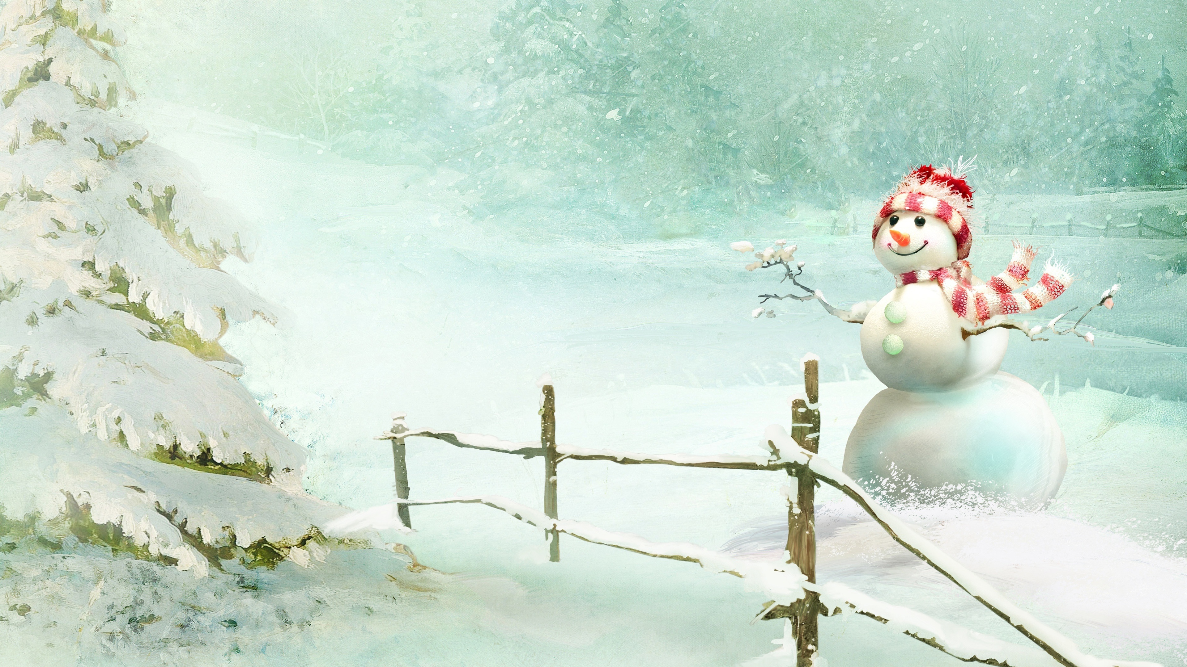 Fence Snow Snowman Tree 3840x2160