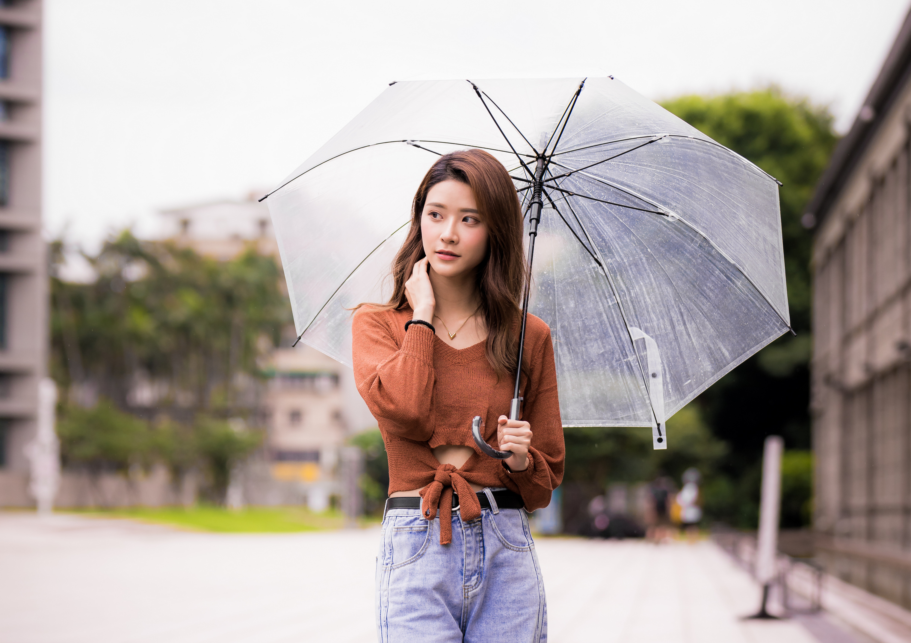 Asian Model Women Long Hair Brunette Jeans Umbrella Pullover Depth Of Field Trees Grass Building Bel 3041x2149