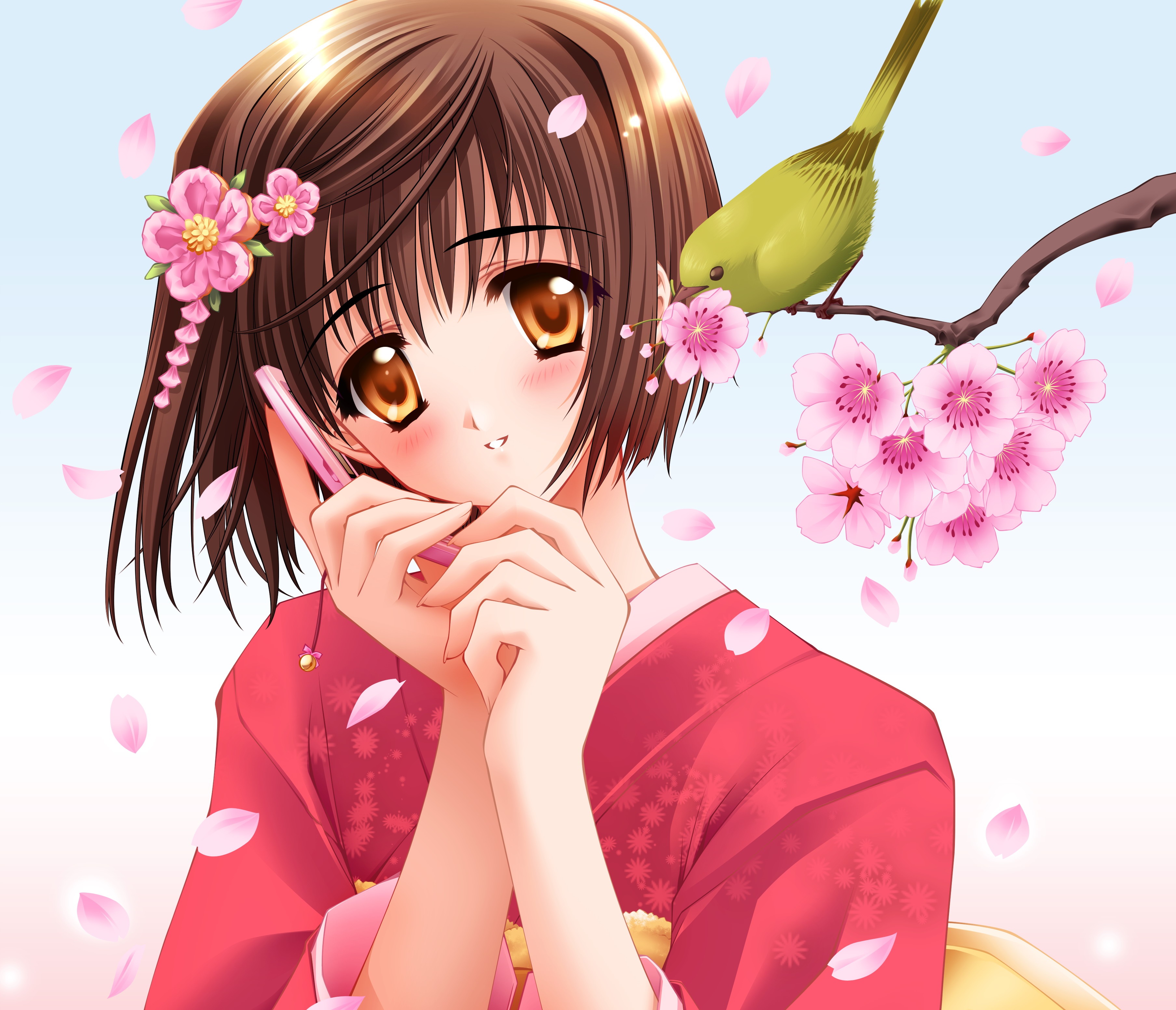 Bird Blush Brown Hair Cherry Blossom Kimono Orange Eyes Petal Phone Short Hair Smile 3616x3104